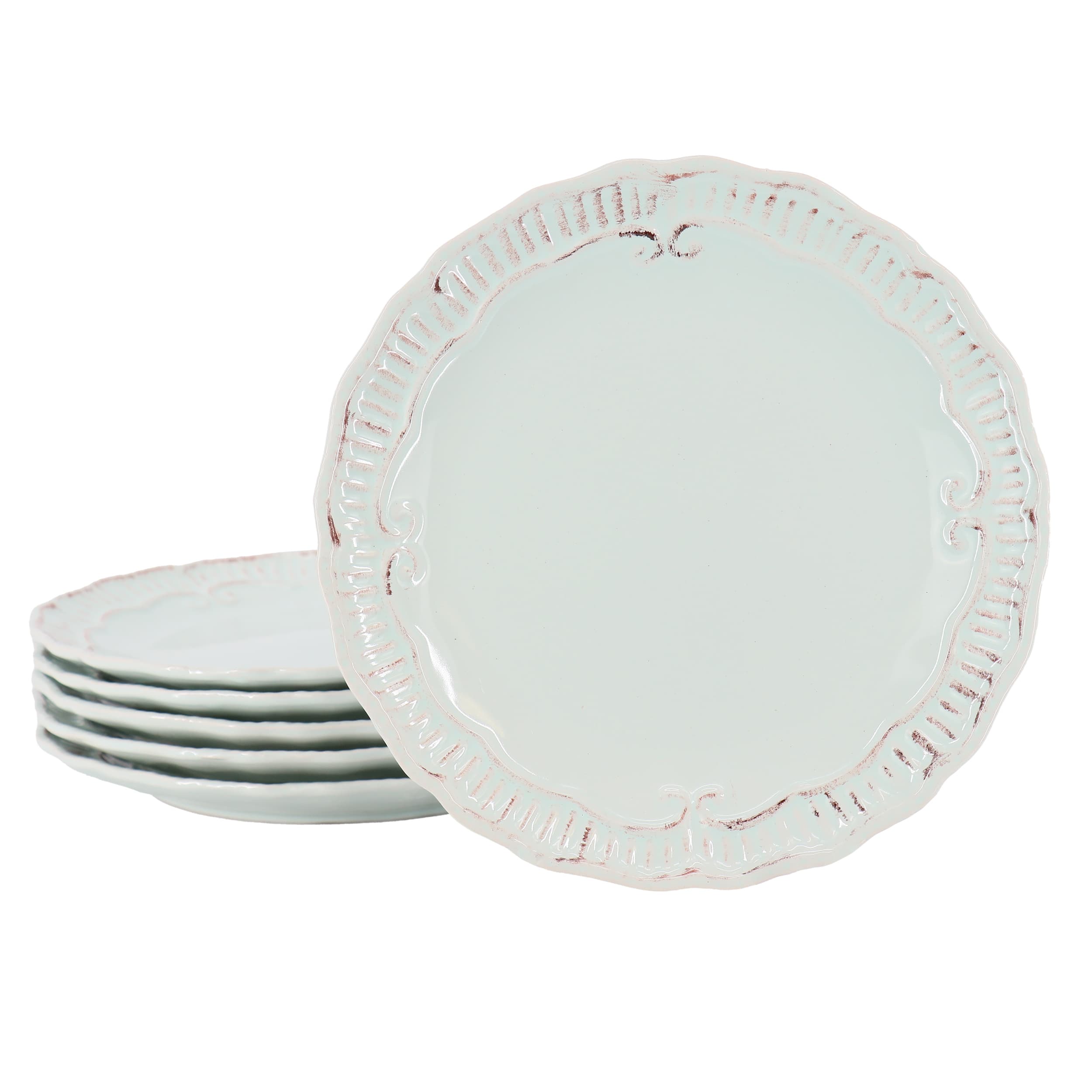 Modern Southern Home - Capri 6 Piece 9 Inch Stoneware Embossed Dessert Plate Set in Egg Blue - White