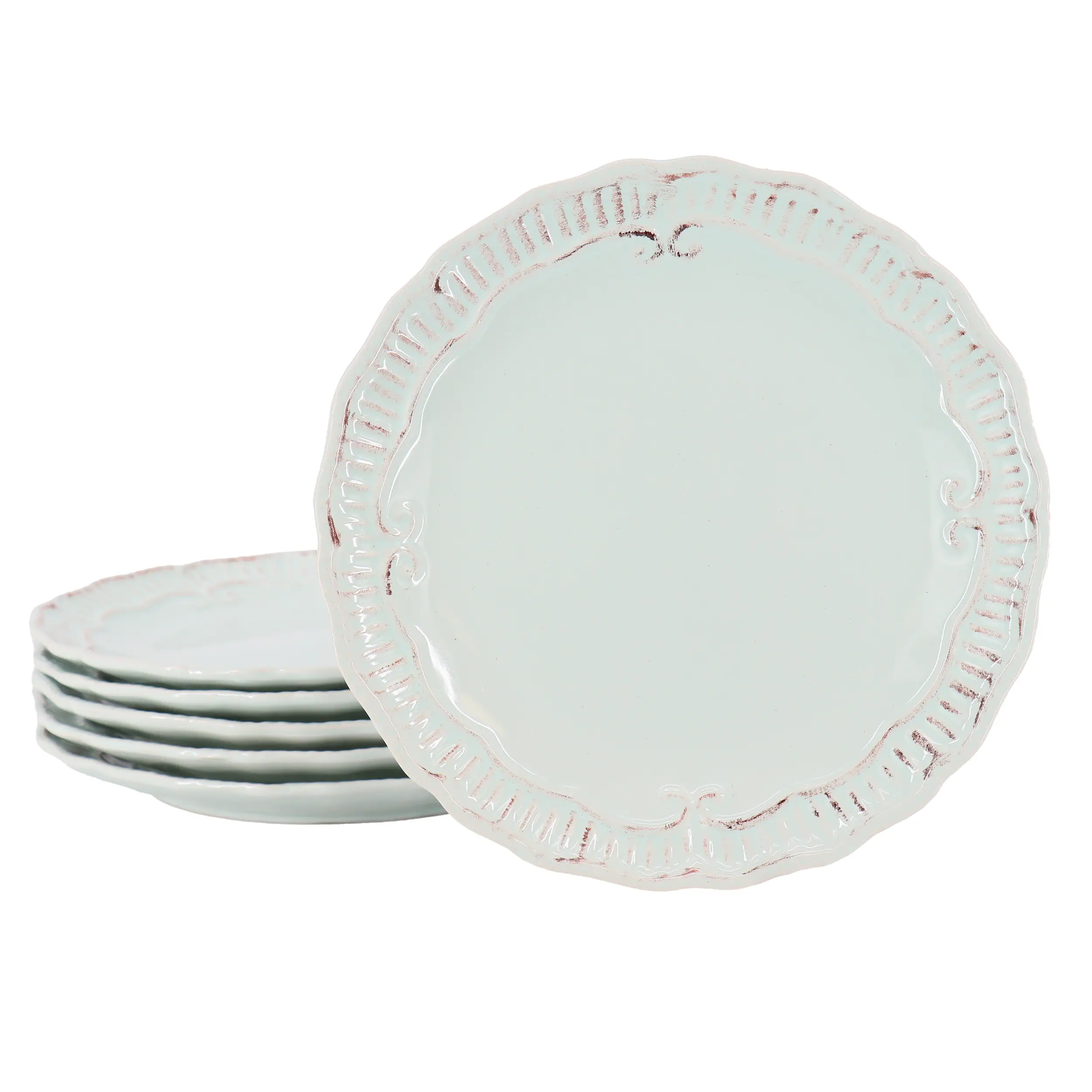 Front. Modern Southern Home - Modern Southern Home Capri 6 Piece 9 Inch Stoneware Embossed Dessert Plate Set in Egg Blue - White.