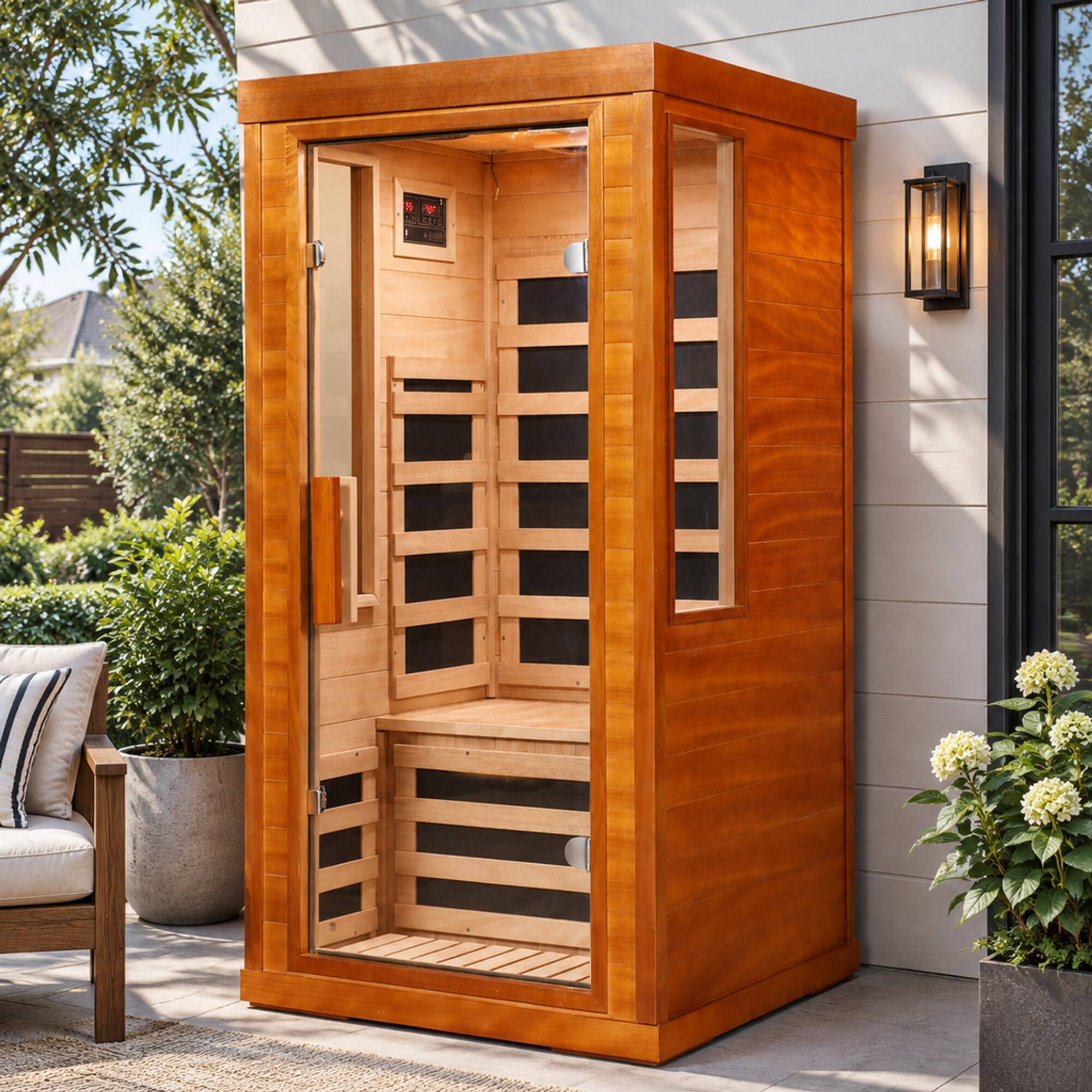 Left. RYHNUYNE - One Person Far Infrared Sauna, Okoume Wood, 31.5 x 31.5 x 63.3 in, 7 Carbon Fiber Heaters, Bluetooth Audio - Natural.