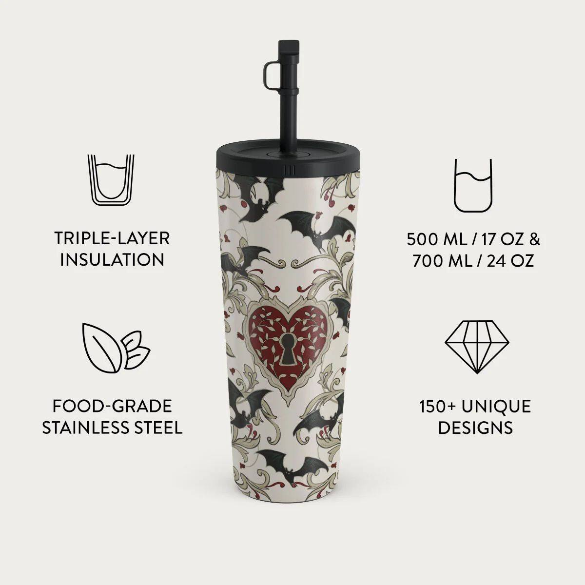 TRIPLE-LAYER INSULATION  
500 ML / 17 OZ & 700 ML / 24 OZ  
FOOD-GRADE STAINLESS STEEL  
150+ UNIQUE DESIGNS