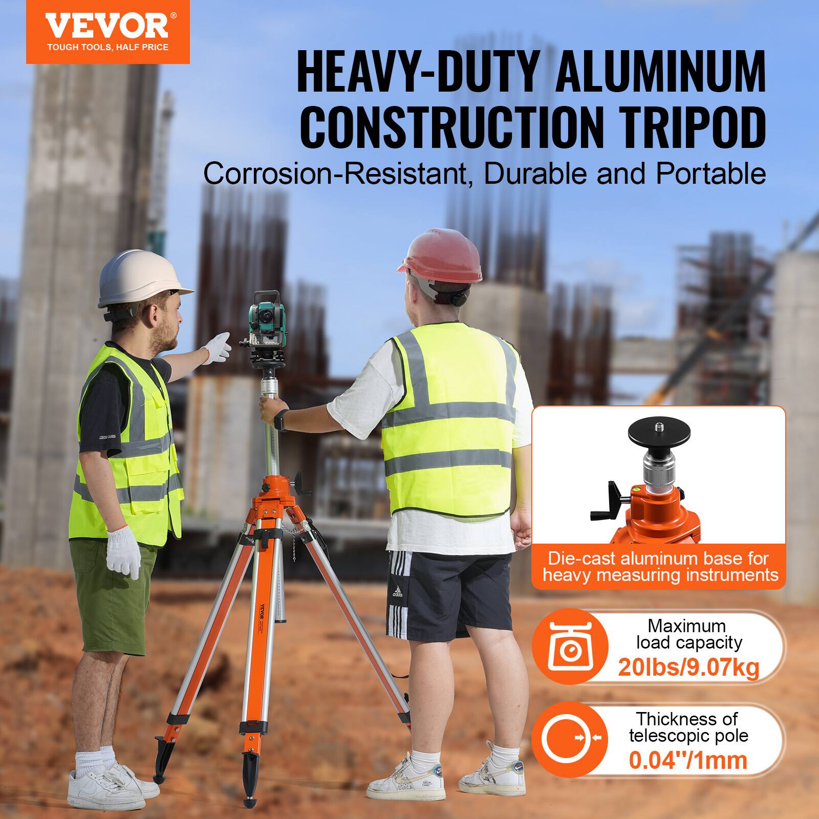 VEVOR TOUGH TOOLS, HALF PRICE

HEAVY-DUTY ALUMINUM CONSTRUCTION TRIPOD

Corrosion-Resistant, Durable and Portable

- Die-cast aluminum base for heavy measuring instruments
- Maximum load capacity 20lbs/9.07kg
- Thickness of telescopic pole 0.04"/1mm