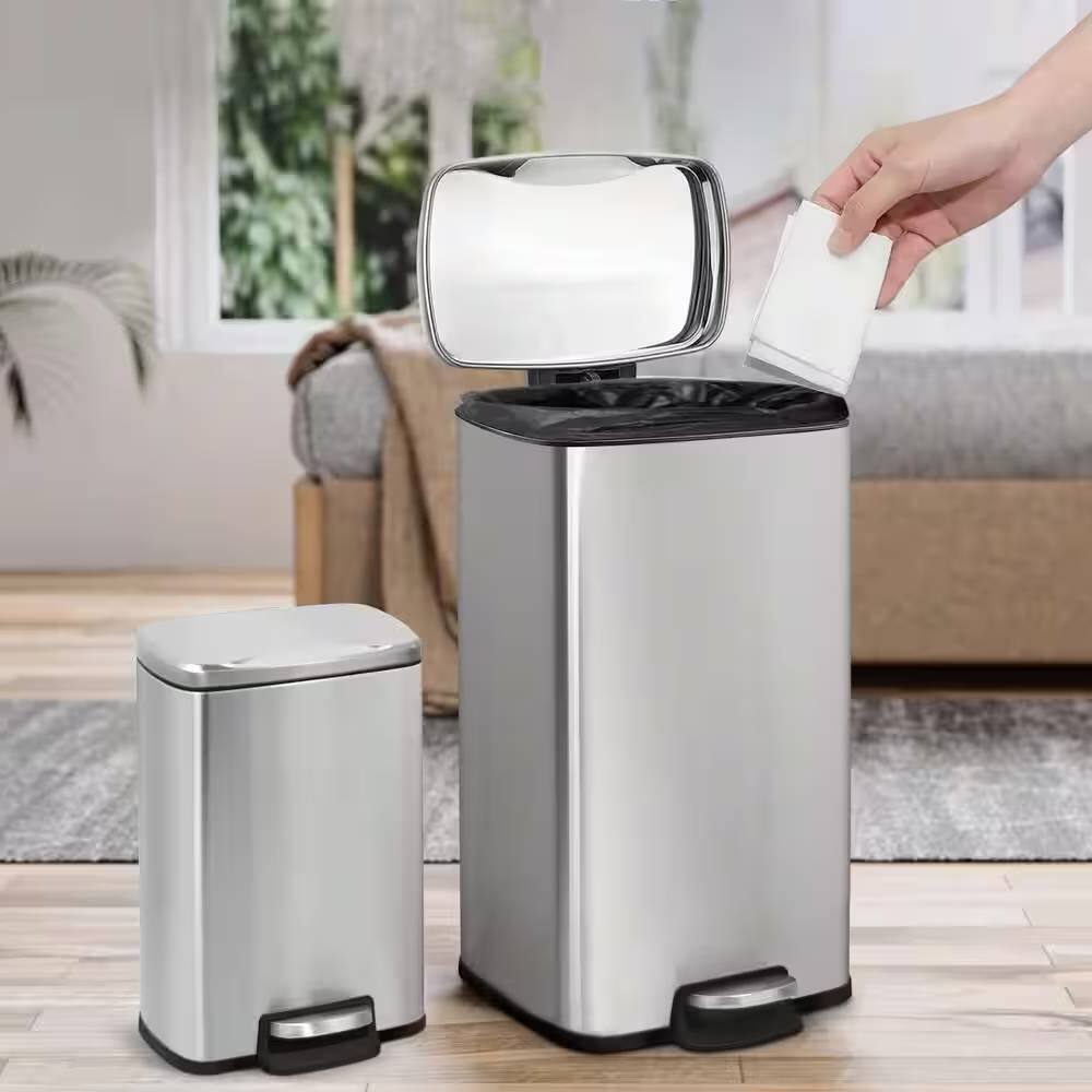 Angle. Hivvago - Set of 2 - 8 Gallon and 1.3 Gallon Stainless Steel Trash Can with Step-on Lid - Silver.