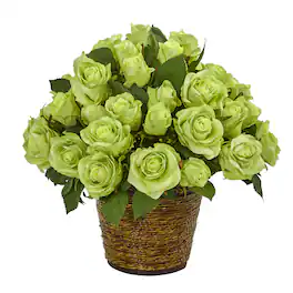 BreeBe - 14" Rose Artificial Arrangement in Basket - Green