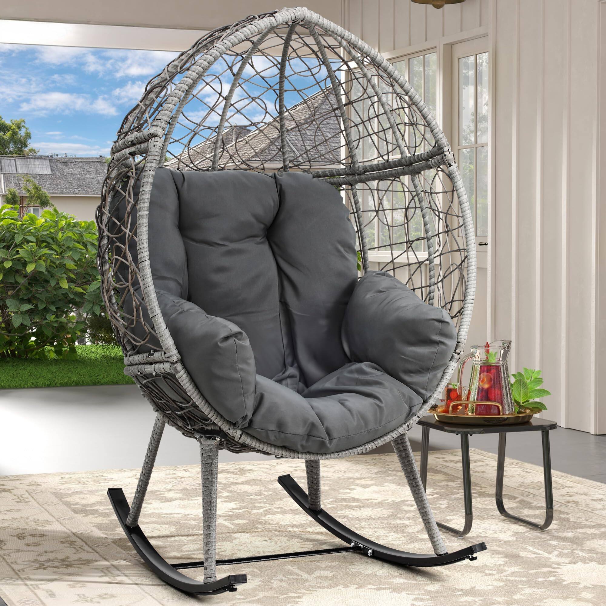 Front. Fabibe - Wicker Rocking Egg Chair, Oversized Indoor Outdoor Rattan Rocking Chair, Indoor Outdoor Lounger for Patio,... - Grey.