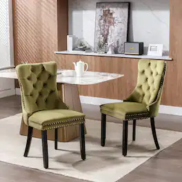 Loheer - Velvet Dining Chairs Set of 2, Tufted Upholstered High Back Chairs with Nailhead Trim - Olive Green
