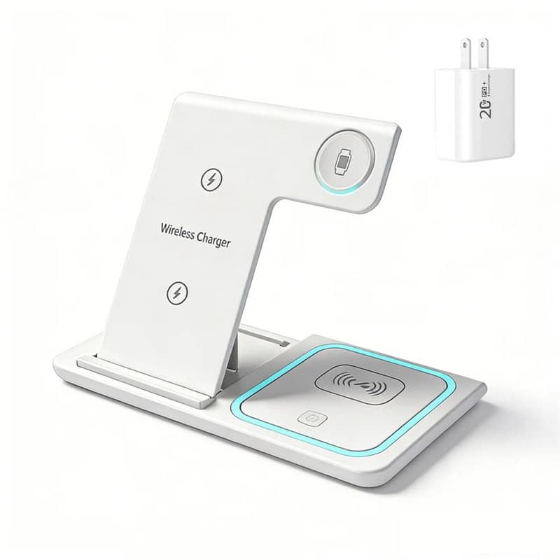 RISOKEYS - 15W 3-in-1 Wireless Charger with Charging Head - Foldable Dual-Coil Horizontal Charging, Smart Fast Charging with Light - White