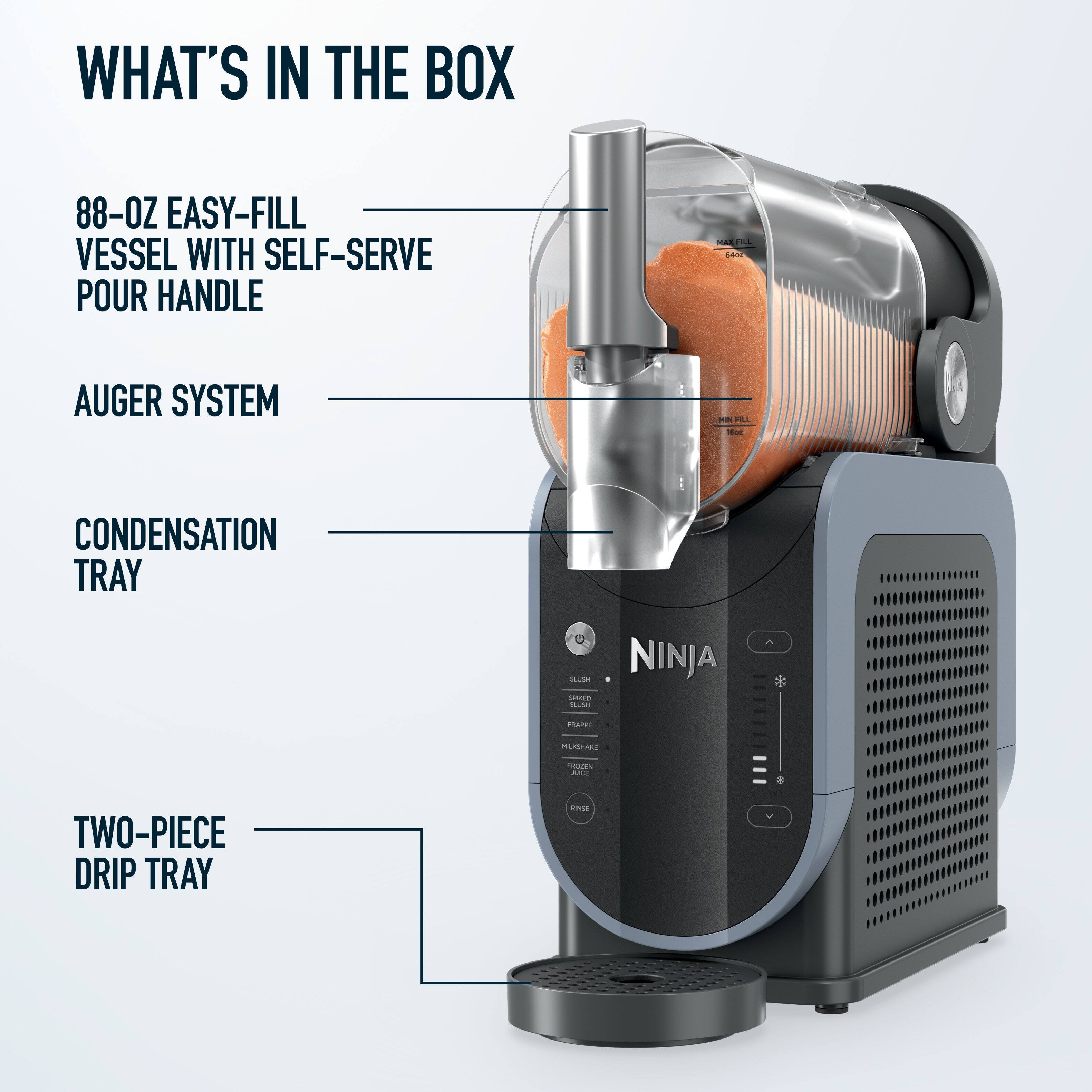 WHAT'S IN THE BOX  
88-OZ EASY-FILL VESSEL WITH SELF-SERVE POUR HANDLE  
AUGER SYSTEM  
CONDENSATION TRAY  
TWO-PIECE DRIP TRAY