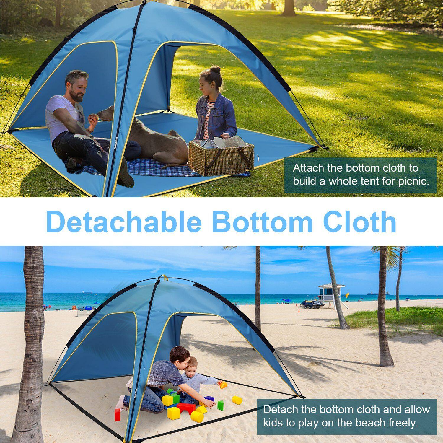 Attach the bottom cloth to build a whole tent for picnic.  
Detachable Bottom Cloth  
Detach the bottom cloth and allow kids to play on the beach freely.