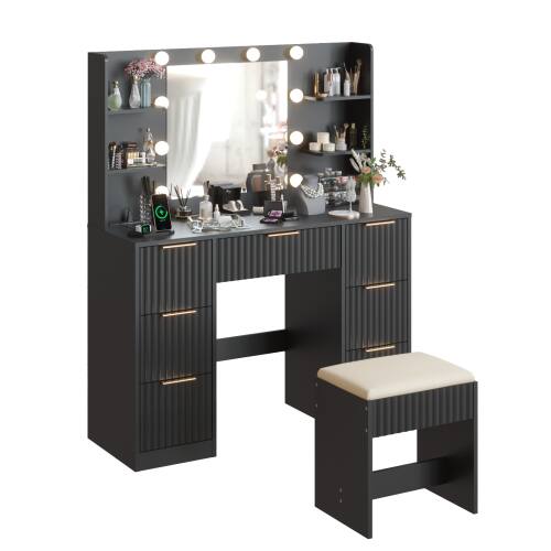 Alt View 1. Winado - Fluted Makeup Vanity Set with Lighted Mirror & Charging Station, Dressing Table w/ 7 Drawers for Femal Gift - Black.