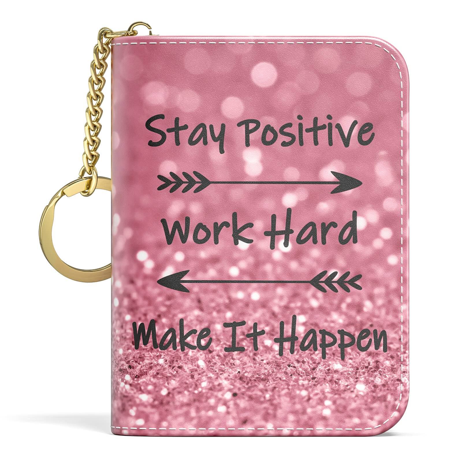 Front. Jadie Link - Credit Card Holder Small Rfid Wallet Slim Leather Organizer Case Zipper Keychain Abstract Boho Leaves Protable Compact - B-Work Hard-Card Holder.