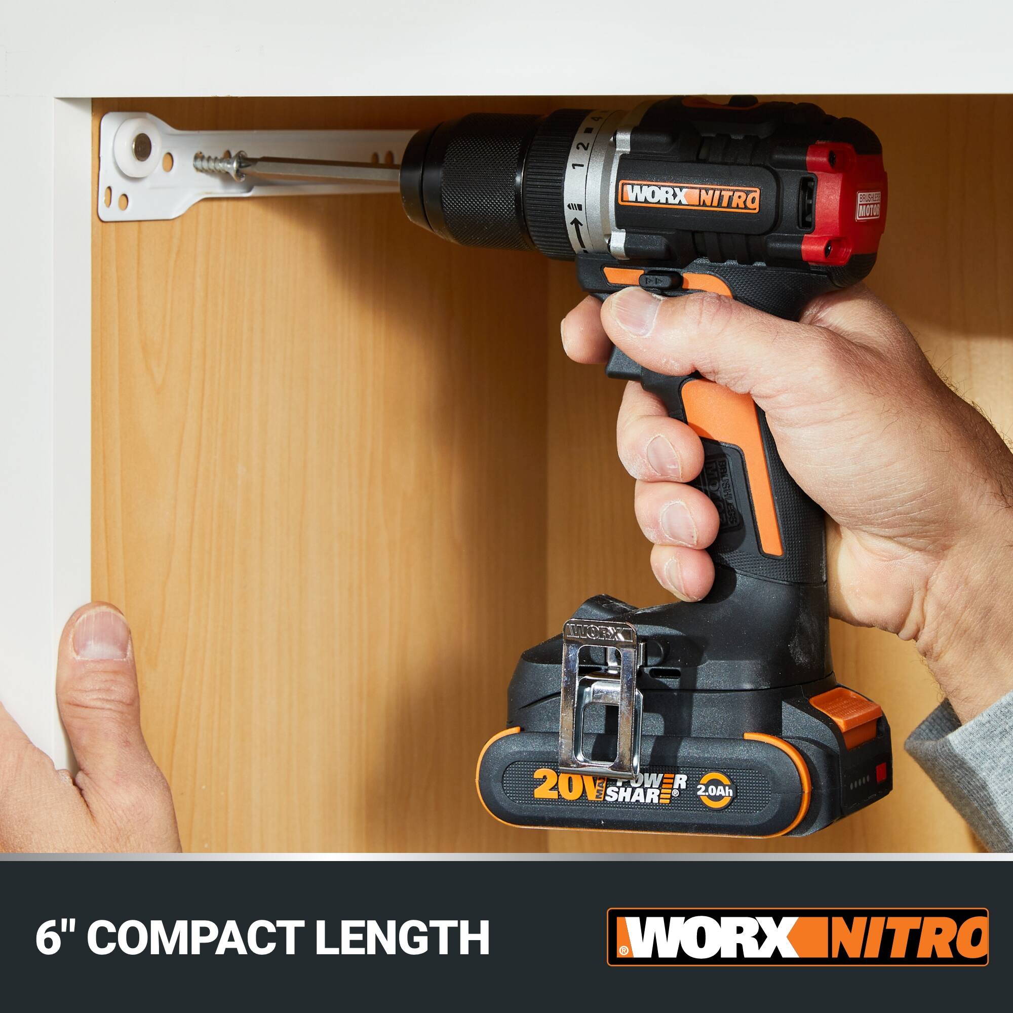 The text on the image reads "WORX NITRO 20V 6" COMPACT LENGTH 1BK 2.0Ah."