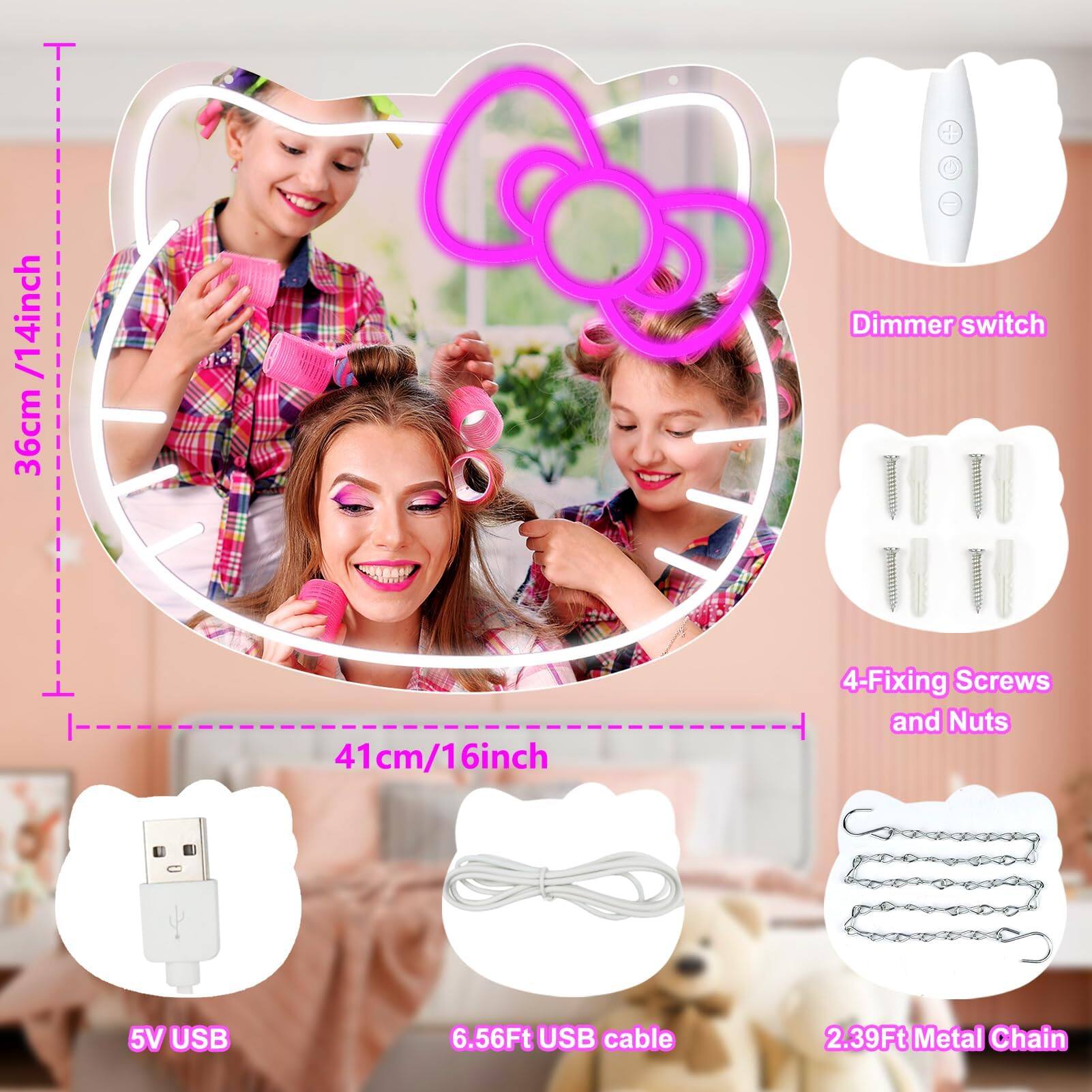 - 36cm/14inch
- 41cm/16inch
- Dimmer switch
- 4-Fixing Screws and Nuts
- 5V USB
- 6.56Ft USB cable
- 2.39Ft Metal Chain