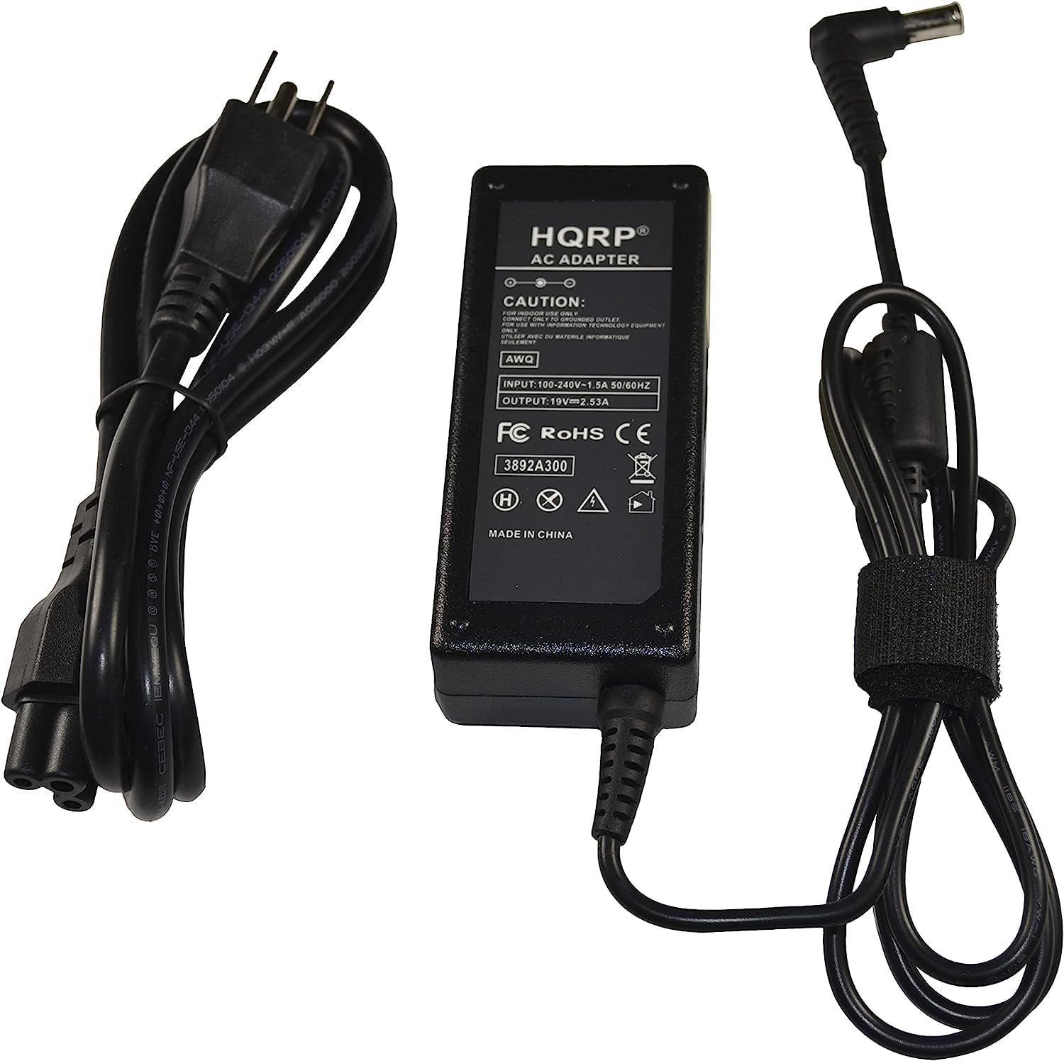 HQRP AC ADAPTER  
CAUTION:  
INPUT: 100-240V~1.5A 50/60Hz  
OUTPUT: 19V/2.5A  
AWA300  
FC  
RoHS CE  
3892A300  
MADE IN CHINA  
CNOU CEBEC