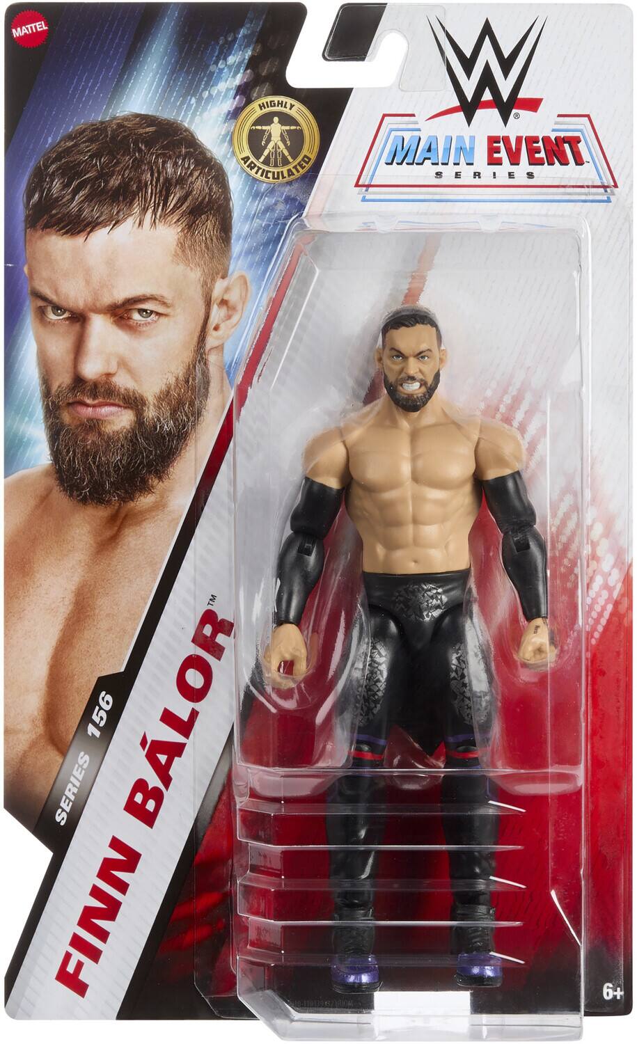 The text on the image is: "MATTEL HIGHLY ARTICULATED W MAIN EVENT SERIES TM 156 BLOR SERIES FINN BALOR 6+"

Corrected and grouped: "MATTEL HIGHLY ARTICULATED WWE MAIN EVENT SERIES TM 156 FINN BALOR 6+"