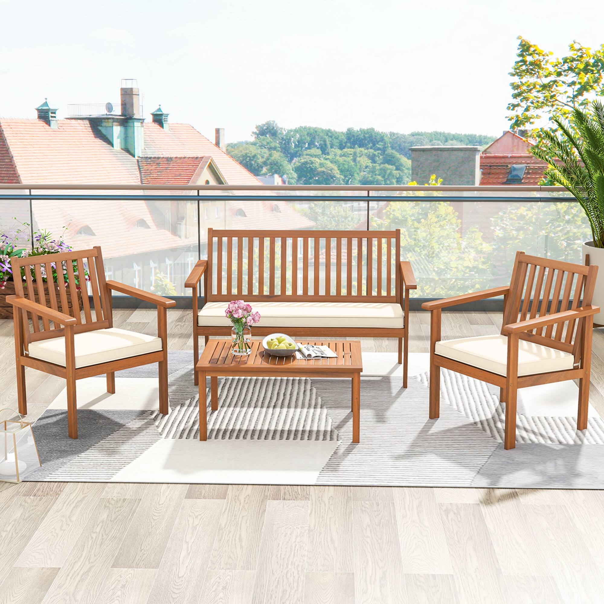 Alt View 3. Costway - 4 PCS Patio Wood Furniture Set with Loveseat, 2 Chairs & Coffee Table for Porch - Natural + White.