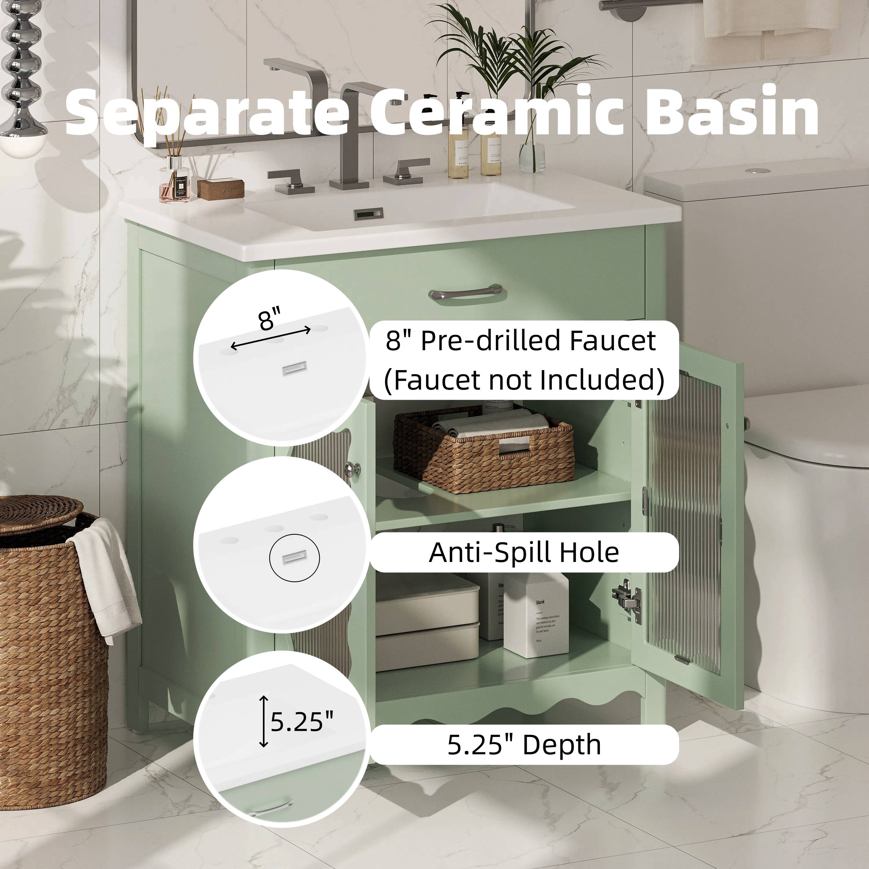 Separate Ceramic Basin  
8" Pre-drilled Faucet (Faucet not Included)  
Anti-Spill Hole  
5.25" Depth