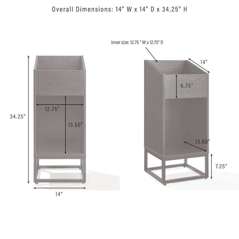 Overall Dimensions: 14" W x 14" D x 34.25" H  
Inner size: 12.75" W x 12.75" D  
14"  
6.75"  
34.25"  
12.75"  
15.50"  
13.50"  
7.25"  
14"