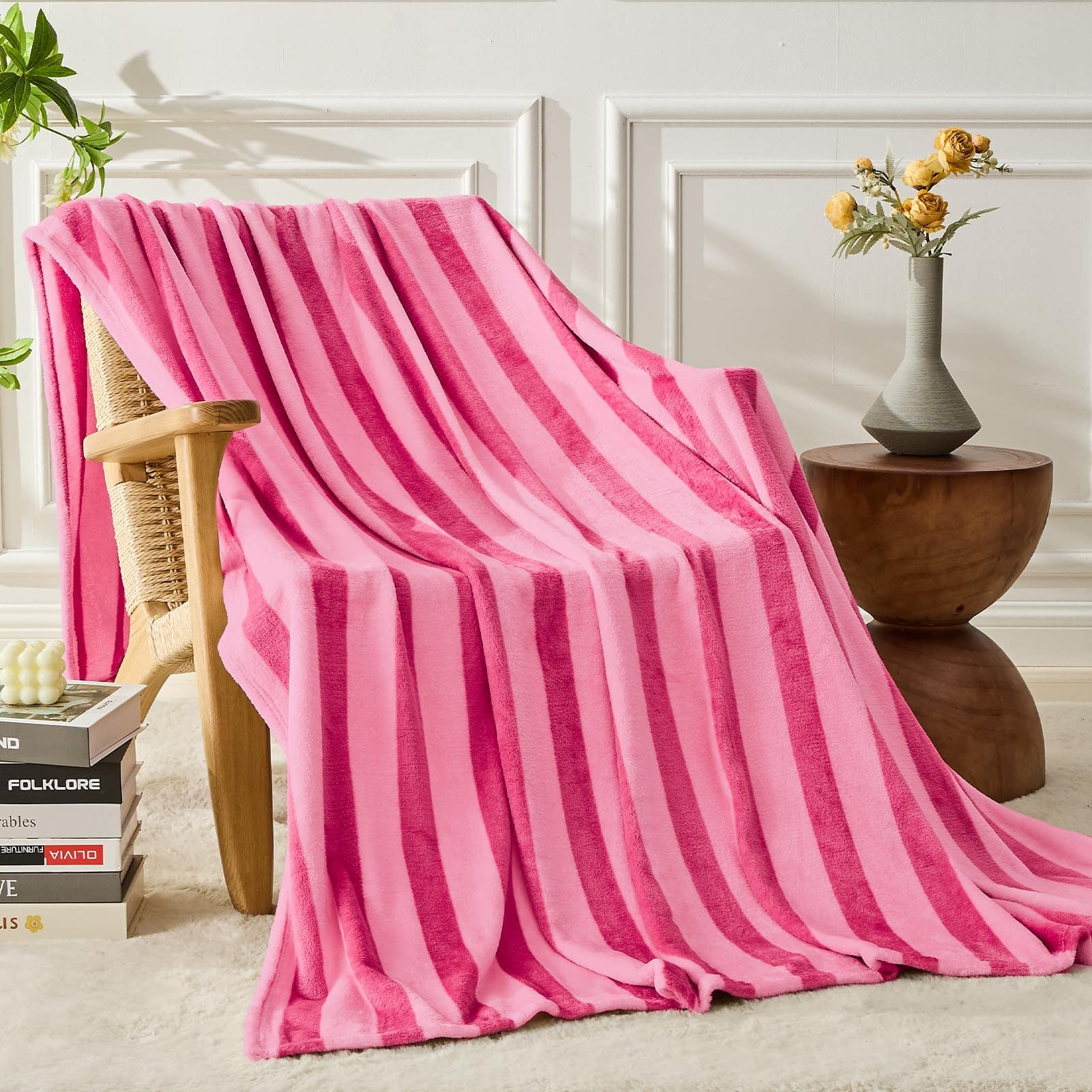 NICHOLAS KLEIN - Striped Flannel Throw Blanket Soft Cozy For Couch Sofa Or Bed 50"x60" Hot All Season Use - Hot Pink 90"X108"