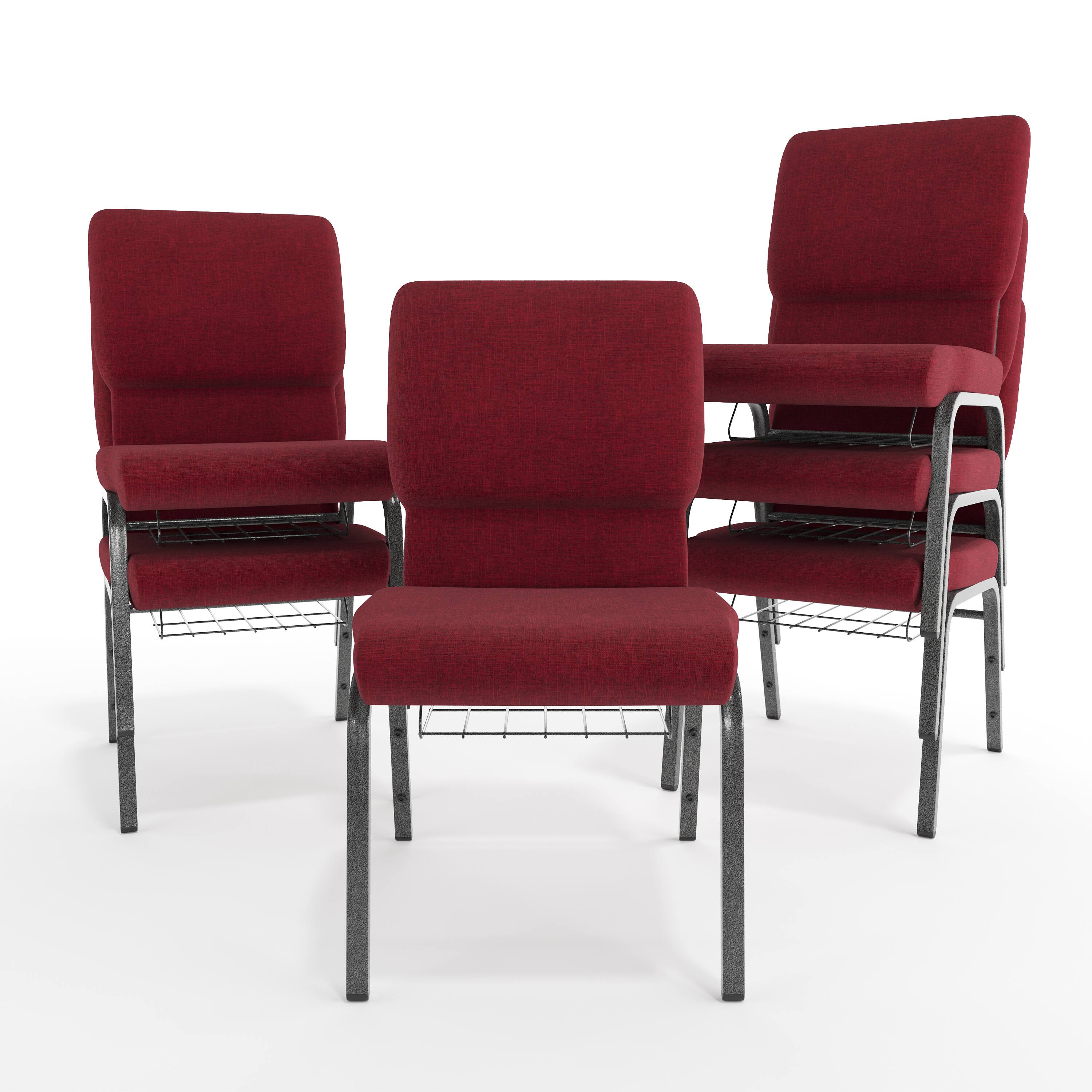 Alt View 10. Emma + Oliver - 18.5"W Church/Reception Guest Chair with Communion Cup Book Rack - Red Fabric/Silver Vein Frame.