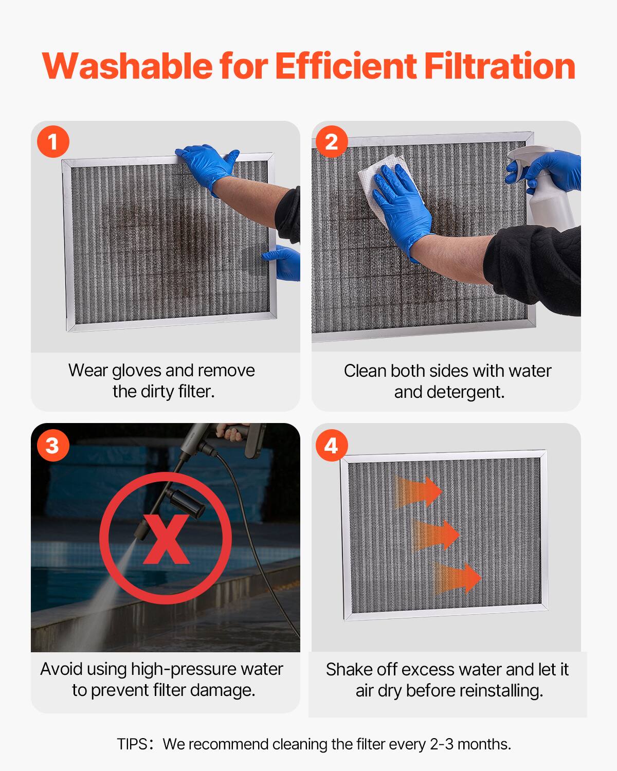 Washable for Efficient Filtration

1. Wear gloves and remove the dirty filter.

2. Clean both sides with water and detergent.

3. Avoid using high-pressure water to prevent filter damage.

4. Shake off excess water and let it air dry before reinstalling.

TIPS: We recommend cleaning the filter every 2-3 months.