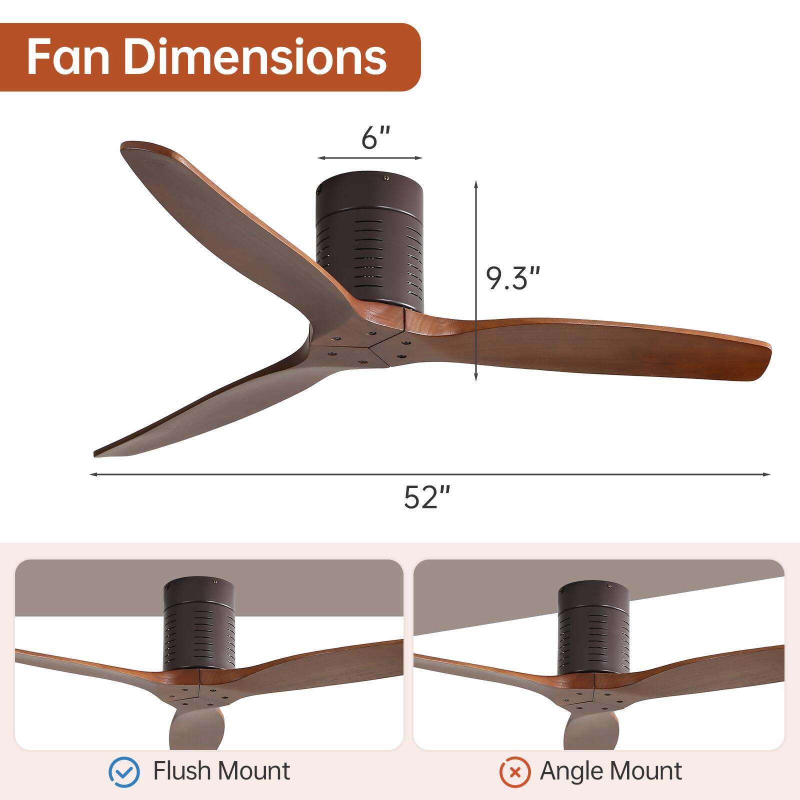 Fan Dimensions: 6" x 9.3" x 52"  
Flush Mount  
Angle Mount