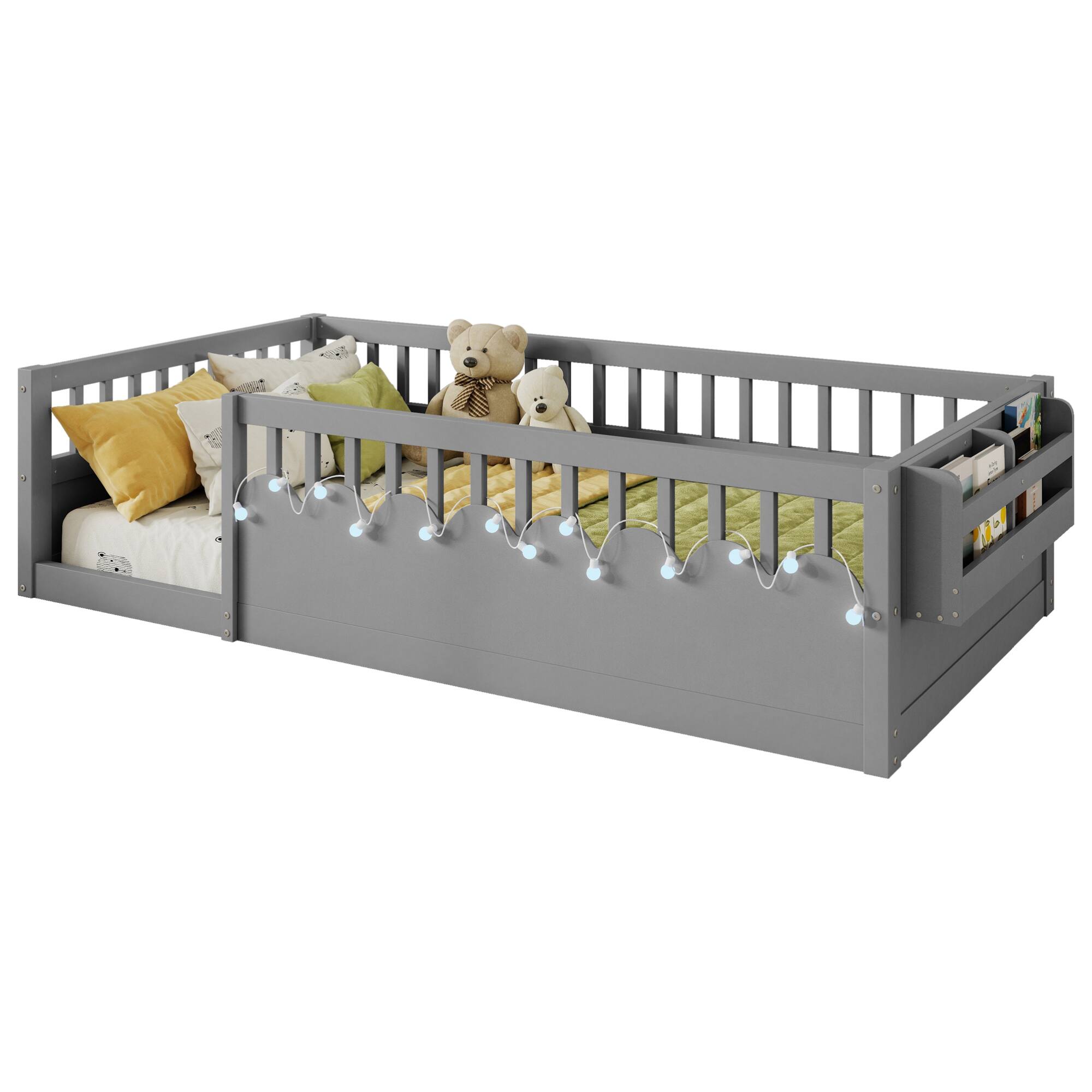 Alt View 2. GOODSILO - Twin Montessori Low Profile Floor Bed Frame with Safety Rails, LED Lighting and Storage Shelf for Children's Bedroom - Grey.