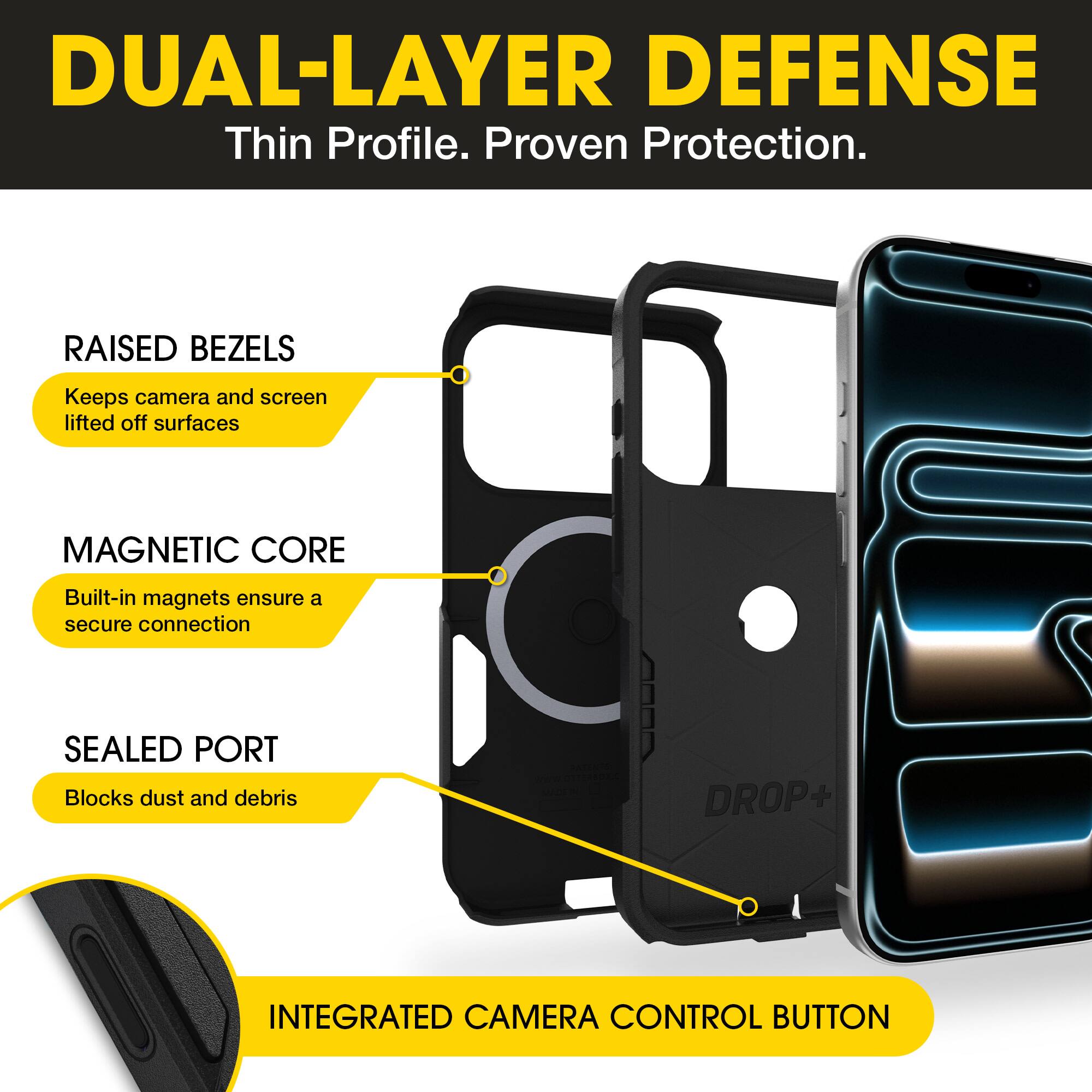 DUAL-LAYER DEFENSE  
Thin Profile. Proven Protection.

- RAISED BEZELS  
  Keeps camera and screen lifted off surfaces

- MAGNETIC CORE  
  Built-in magnets ensure a secure connection

- SEALED PORT  
  Blocks dust and debris

- INTEGRATED CAMERA CONTROL BUTTON