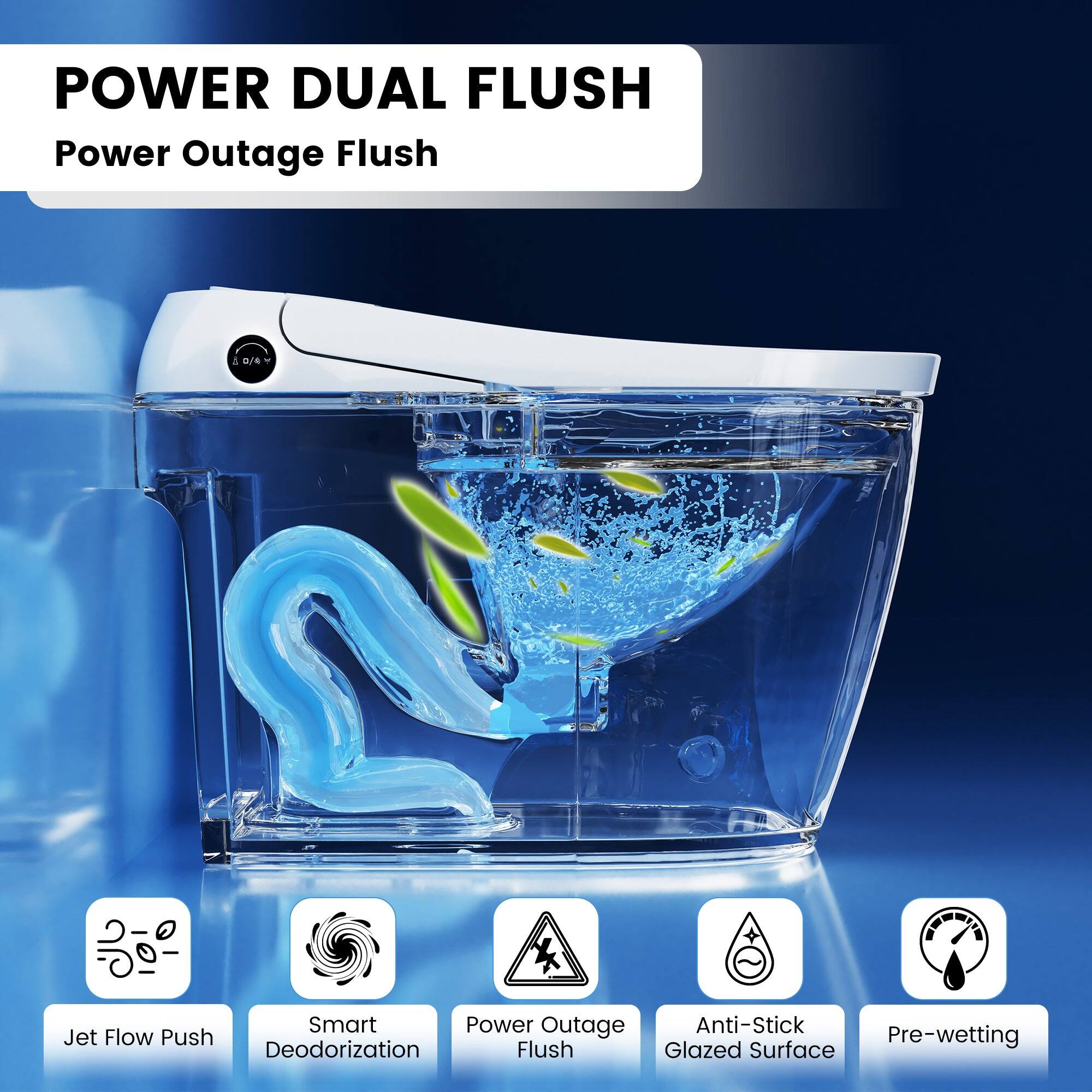 POWER DUAL FLUSH  
Power Outage Flush  

- Jet Flow Push  
- Smart Deodorization  
- Power Outage Flush  
- Anti-Stick Glazed Surface  
- Pre-wetting