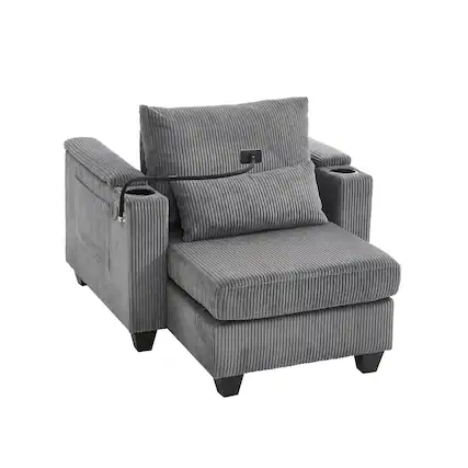 Front. Boyel Living - 3-in-1 Convertible Chaise Sofa Bed with USB Ports, Cup Holders & Storage - Corduroy Multi-Functional Sleeper in Gray - Gray.