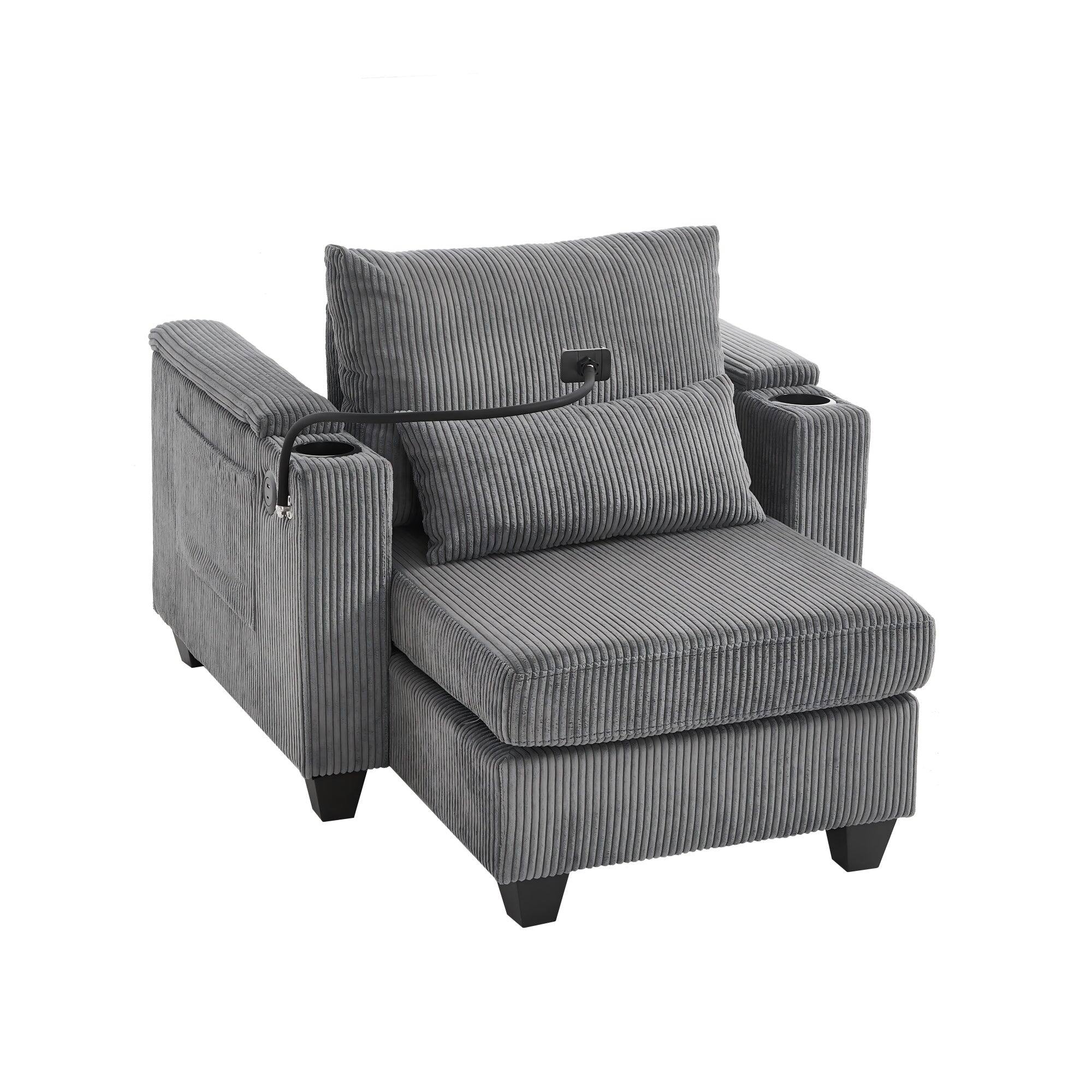 Front. Boyel Living - 3-in-1 Convertible Chaise Sofa Bed with USB Ports, Cup Holders & Storage - Corduroy Multi-Functional Sleeper in Gray - Gray.