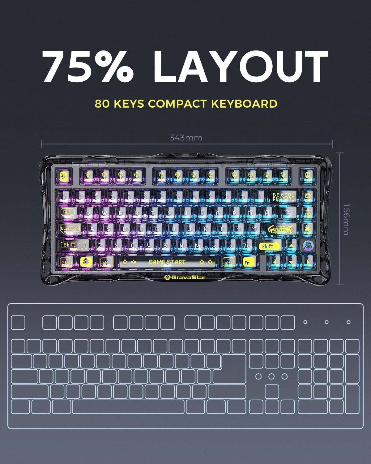 75% LAYOUT  
80 KEYS COMPACT KEYBOARD  
343mm  
156mm  

BE COOL PLANIT  
GAME START  
GravaStar
