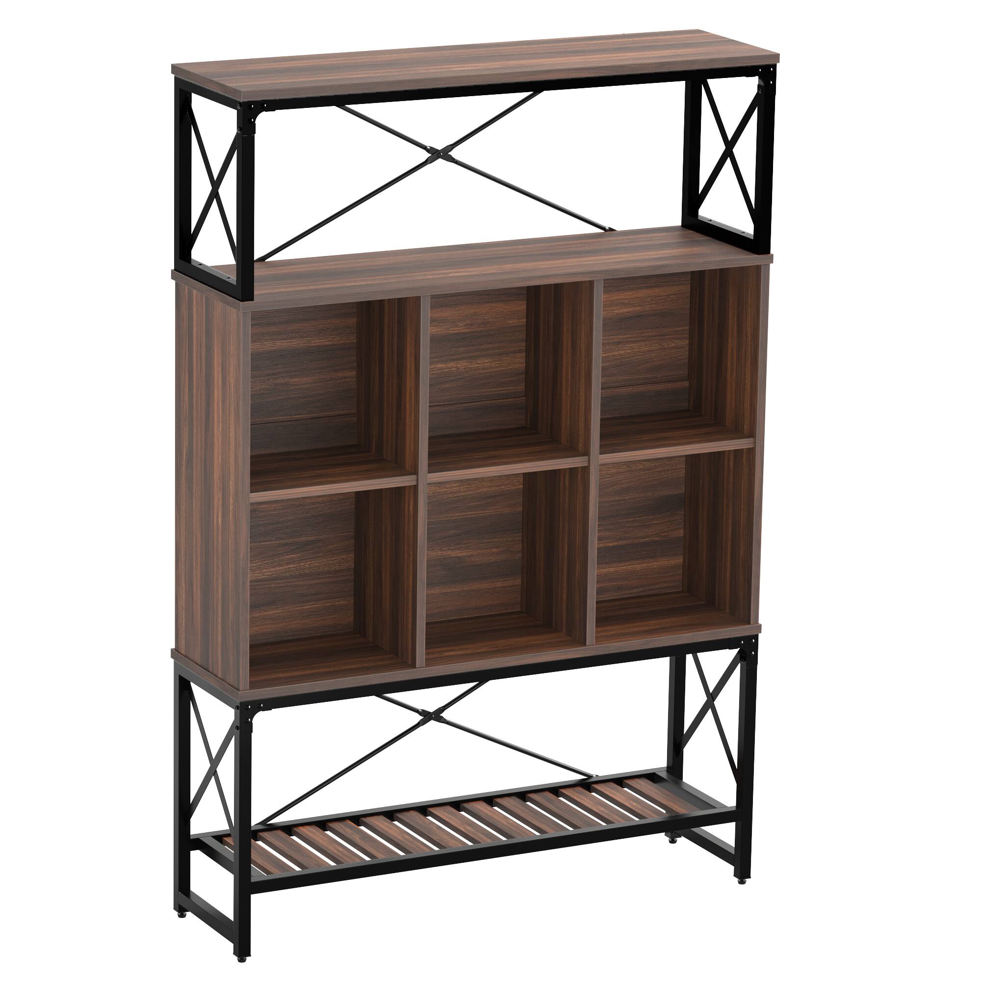 Angle. Bestier - Bookcase with 6 Cubes, Adjustable Shelves, RGB Lights & X-Frame - Farmhouse Style - Walnut.