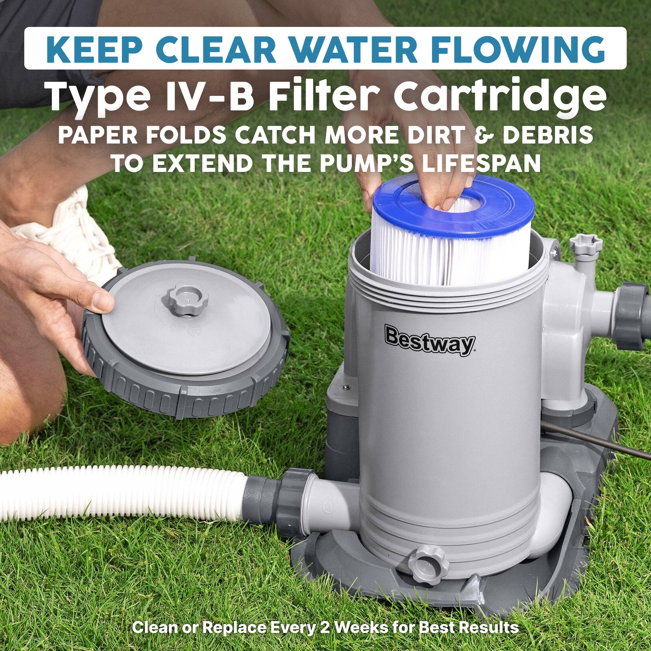 KEEP CLEAR WATER FLOWING  
Type IV-B Filter Cartridge  
PAPER FOLDS CATCH MORE DIRT & DEBRIS TO EXTEND THE PUMP'S LIFESPAN  
Bestway.  
Clean or Replace Every 2 Weeks for Best Results