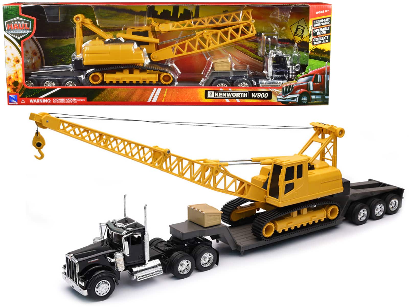 "Kenworth W900 Truck with Lowboy Trailer Black and Crane Yellow ""Long Haul Trucker"" Series 1/32 Diecast Model by New Ray" price history on PriceWatchPro