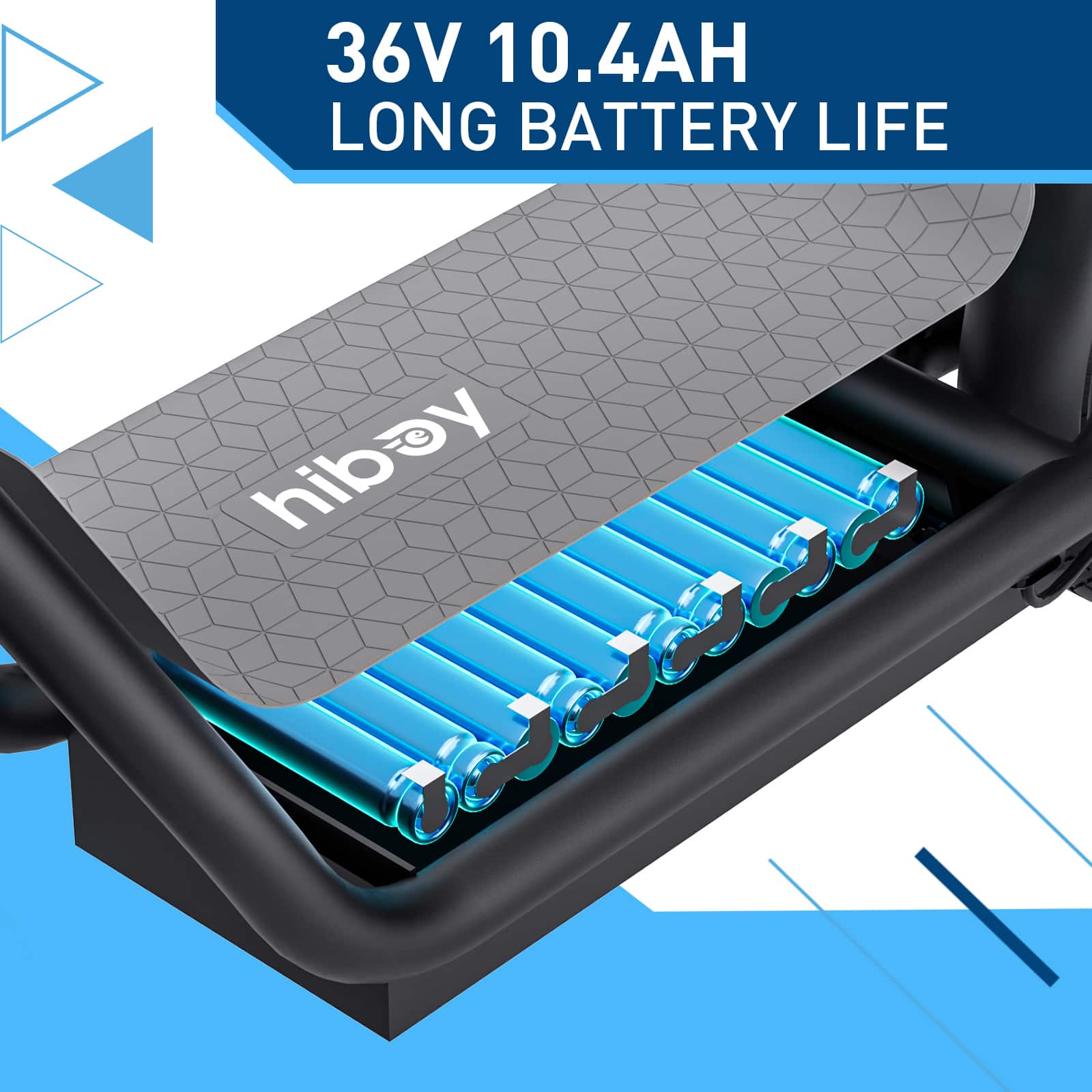 The text on the image reads: "36V 10.4AH LONG BATTERY LIFE hibay."