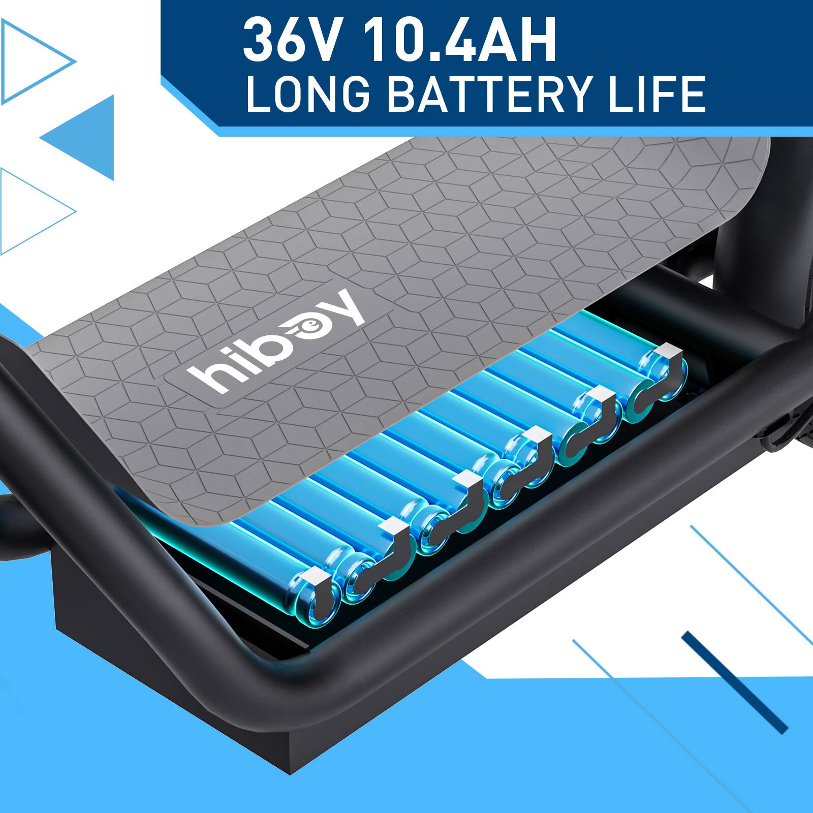 The text on the image reads: "36V 10.4AH LONG BATTERY LIFE hibay."