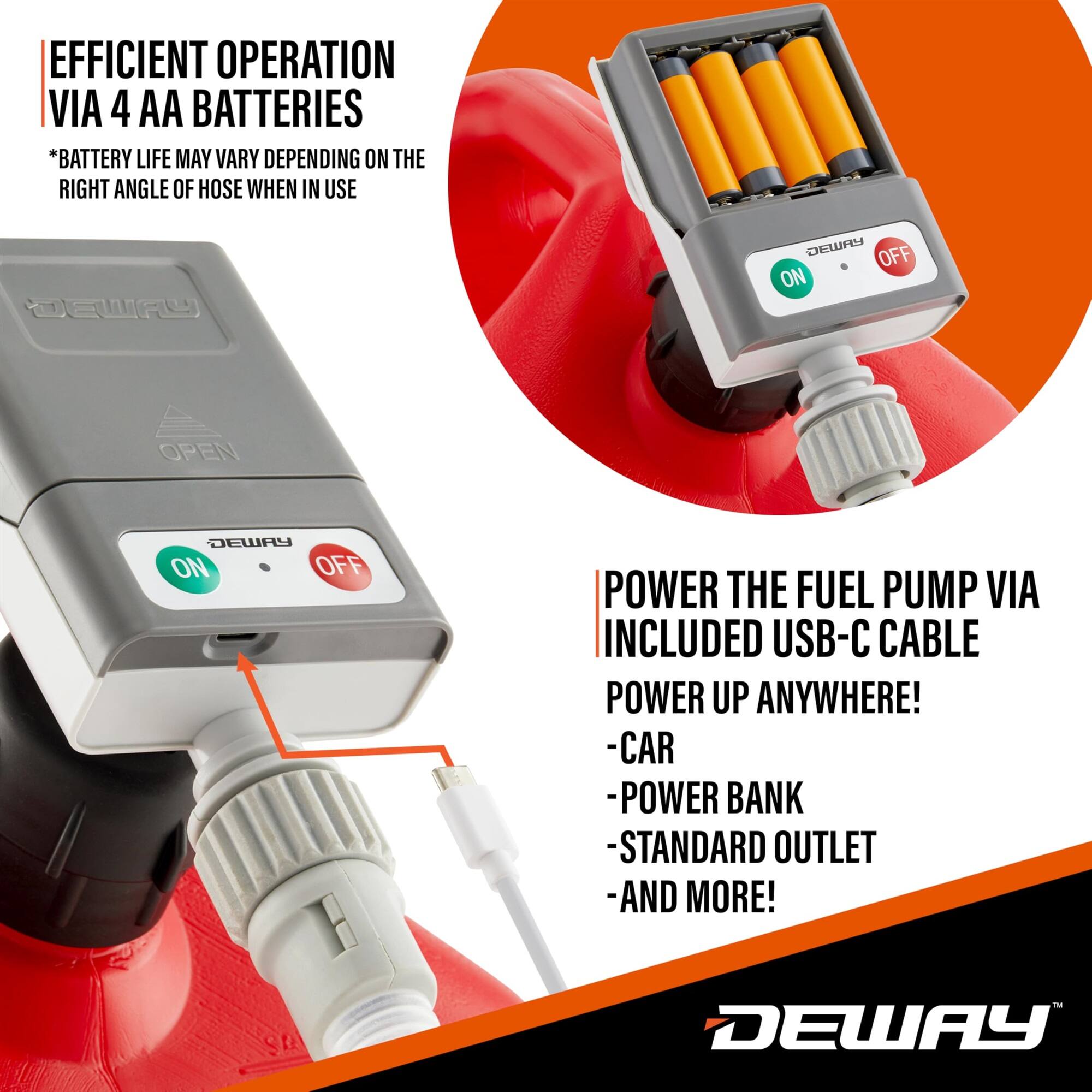 EFFICIENT OPERATION VIA 4 AA BATTERIES *BATTERY LIFE MAY VARY DEPENDING ON THE RIGHT ANGLE OF HOSE WHEN IN USE

DEW OFF ON OPEN DEWAY ON OFF

POWER THE FUEL PUMP VIA INCLUDED USB-C CABLE POWER UP ANYWHERE!
-CAR
-POWER BANK
-STANDARD OUTLET
-AND MORE!

DEWAY