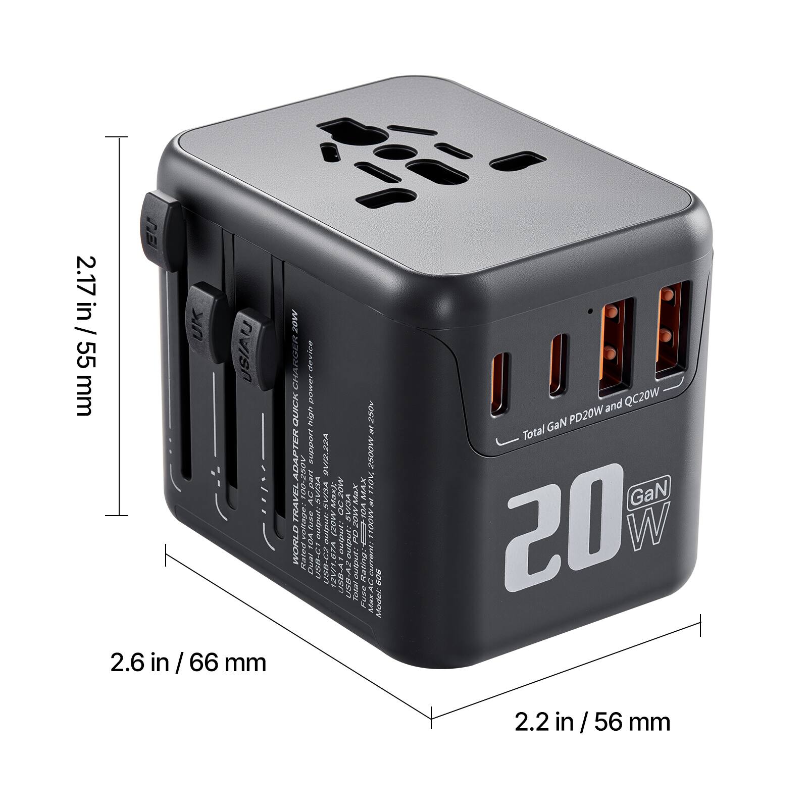 Sure, here is the corrected and grouped text from the image:

---

**Dimensions:**
- 2.17 in / 55 mm
- 2.6 in / 66 mm
- 2.2 in / 56 mm

**Specifications:**
- Total GaN PD20W and QC20W
- 20W
- GaN

**Adapter Support:**
- 9V/2.2A
- 100-240V AC

**Output:**
- USB-C: 20W
- USB-A: 20W

**Other:**
- WORLD TRAVEL ADAPTER
- USB-C PD20W and QC20W
- Total GaN PD20W and QC20W

**Additional Text:**
- UK
- USA
- 2504
- ADAPTER support 9V/2.2A
- 280V 100-240V AC
- MAX 100W
- TRAVEL ADAPTER
- USB-C PD20W and QC20W
- Total GaN PD20W and