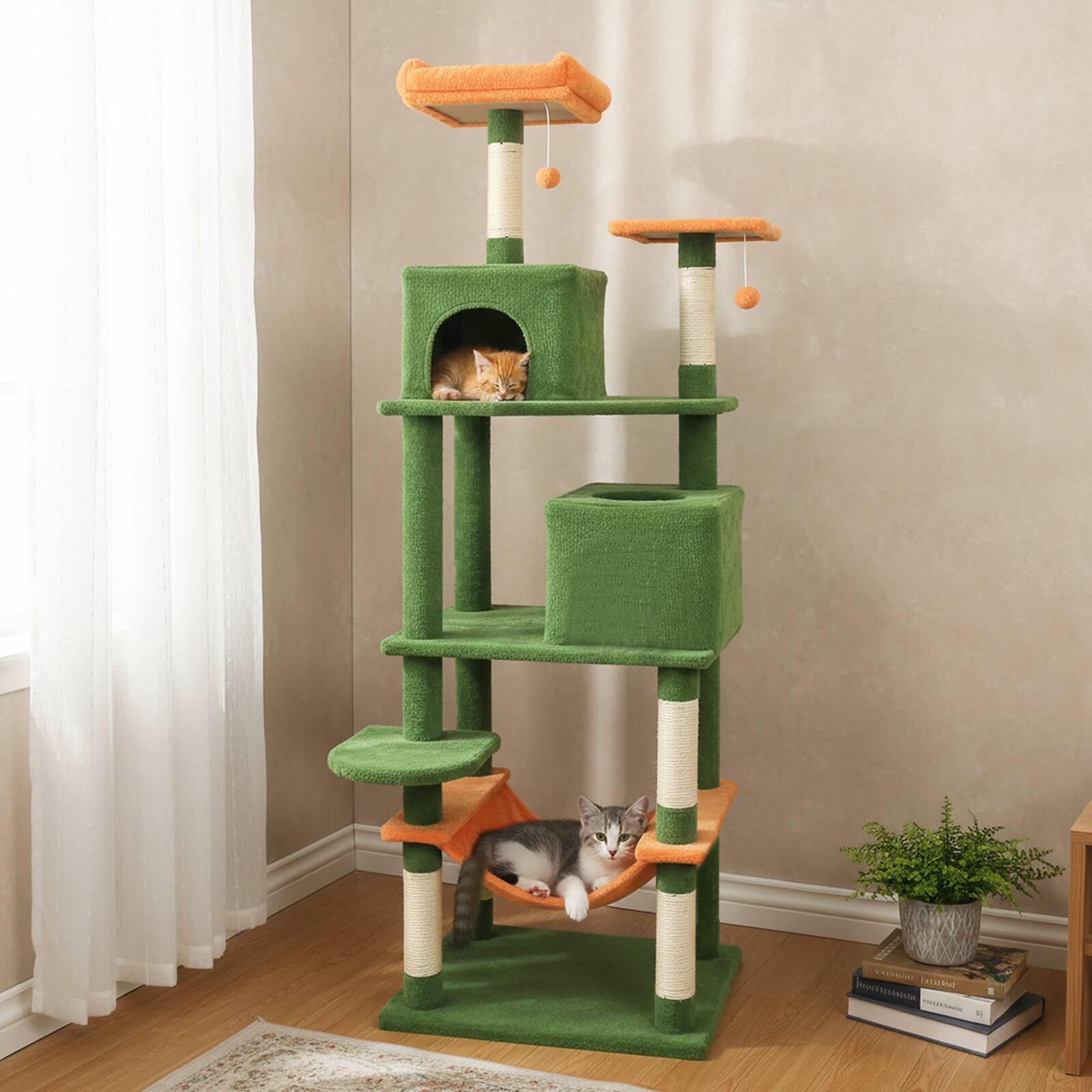 Alt View 4. Costway - Costway 70" Cat Tree for Indoor Cats with Padded Top Perch, Dual Condos, Hammock, Platforms - Green.