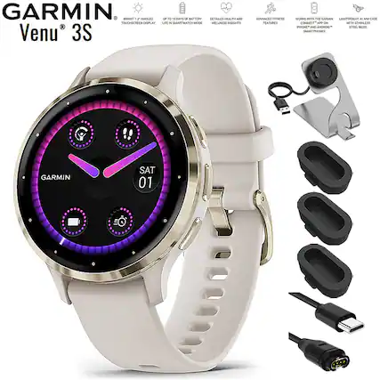 GARMIN Venu 3S
- BRIGHT 1.2" AMOLED TOUCHSCREEN DISPLAY
- UP TO 10 DAYS OF BATTERY LIFE IN SMARTWATCH MODE
- DETAILED HEALTH AND WELLNESS INSIGHTS
- ADVANCED FITNESS FEATURES
- WORKS WITH THE GARMIN IPHONE AND ANDROID SMARTPHONES
- LIGHTWEIGHT 41 MM CASE WITH STAINLESS STEEL BEZEL