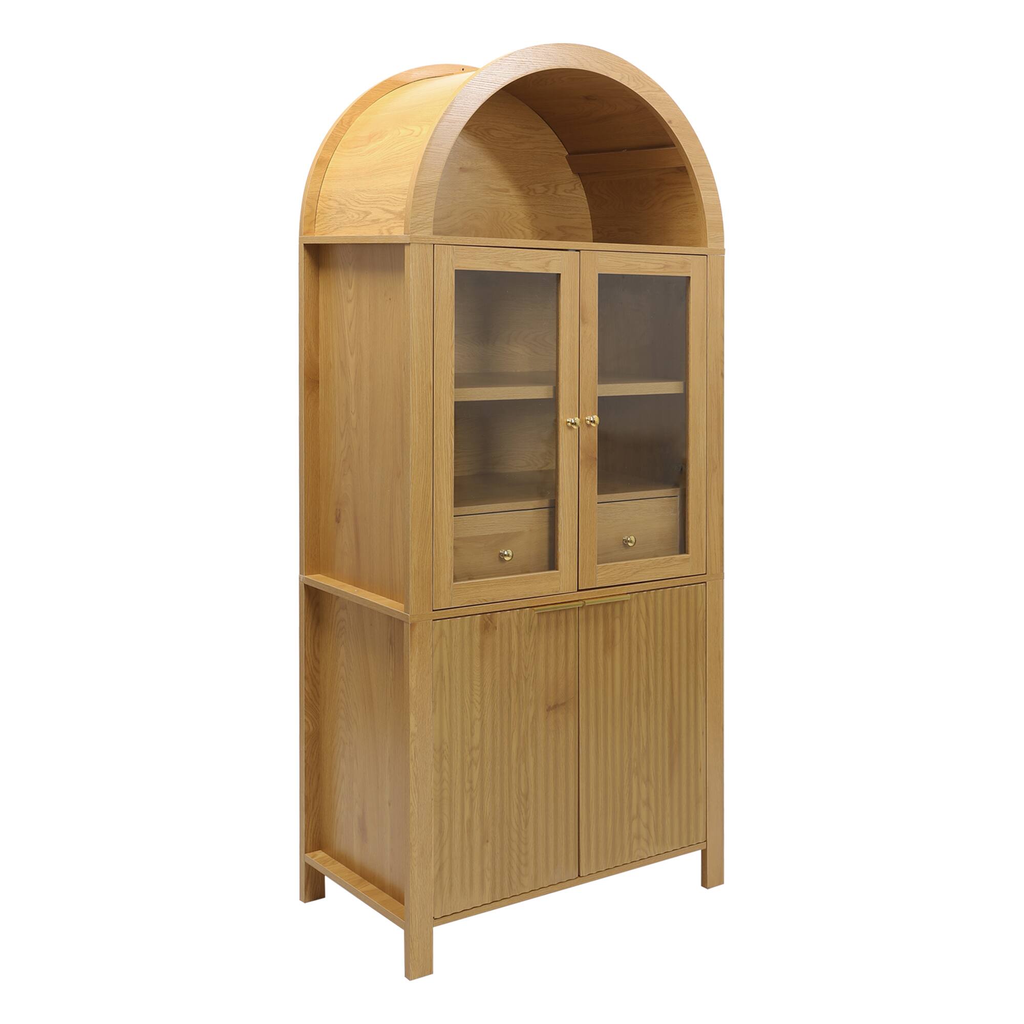 Alt View 9. Loheer - Loheer Arched Pantry Cabinet, Oak Tall Pantry Cabinet with Glass Doors, Drawer, Adjustable Shelves, Fluted Storage - Oak.