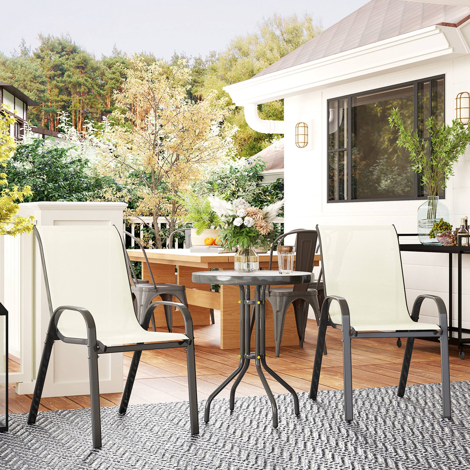 Alt View 1. Outsunny - 3 Pieces Outdoor Bistro Set, Small Patio Set with Stackable Mesh Chairs and Glass Top Table - Beige.