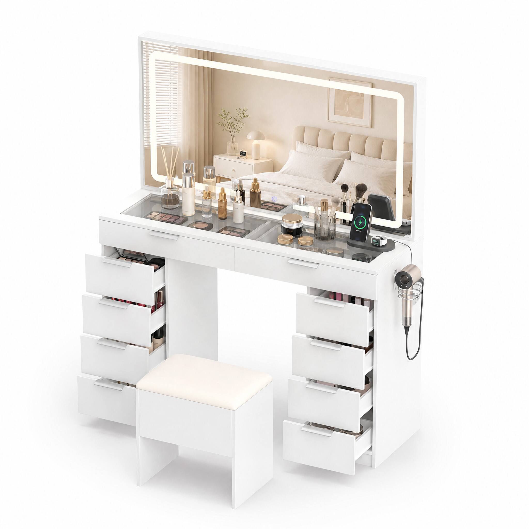 Left. WELLFOR - Makeup Vanity Desk with 3‑Color Lighted Mirror,Charging Station,10 Drawers,Glass Tabletop and Padded Stool for Bedroom - White.
