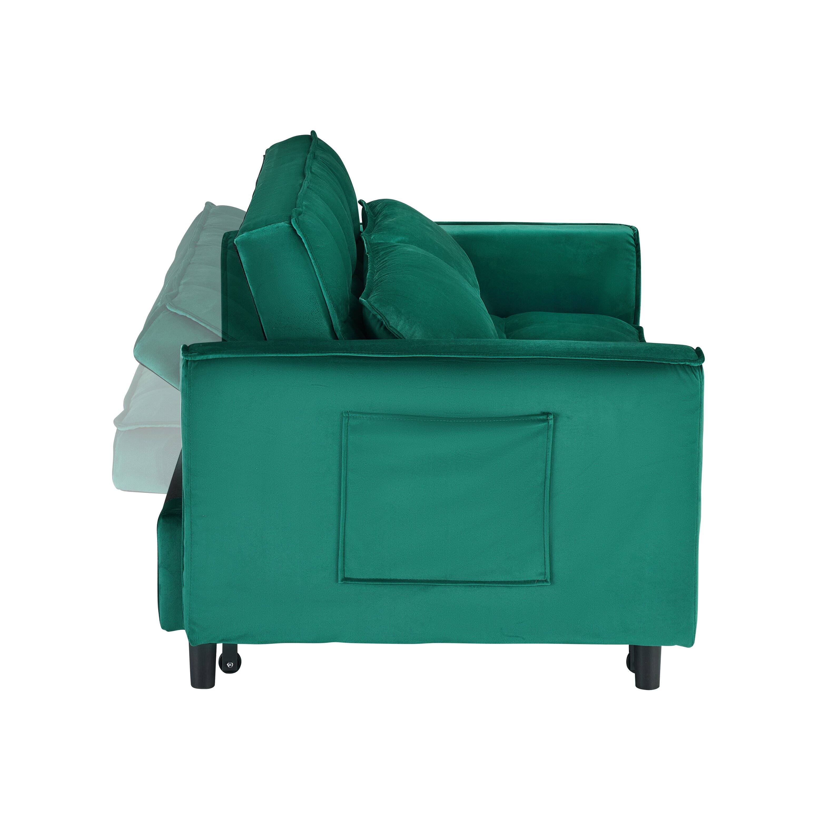Left. GOODSILO - Elegant 55-Inch Velvet Sofa Bed with Storage Pockets - Three-in-One Convertible Design - Green.