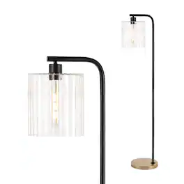 Jonathan Y - Easton 60.75" Modern Minimalist Metal/Ribbed Glass LED Floor Lamp - Brass Gold/Black
