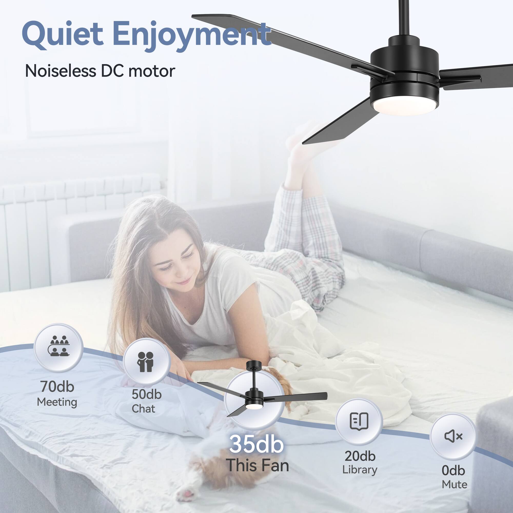 Quiet Enjoyment, Noiseless DC motor, 70db Meeting, 50db Chat, 35db This Fan, 20db Library, 0db Mute