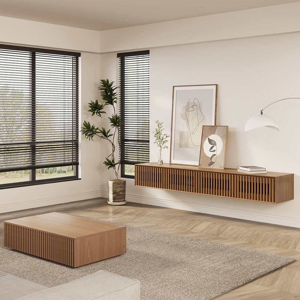 Left. POVISON - 79"Modern Floating TV Stand, Storage Four Cabinets, Walnut Color TV Console,Media Console - Walnut Color.
