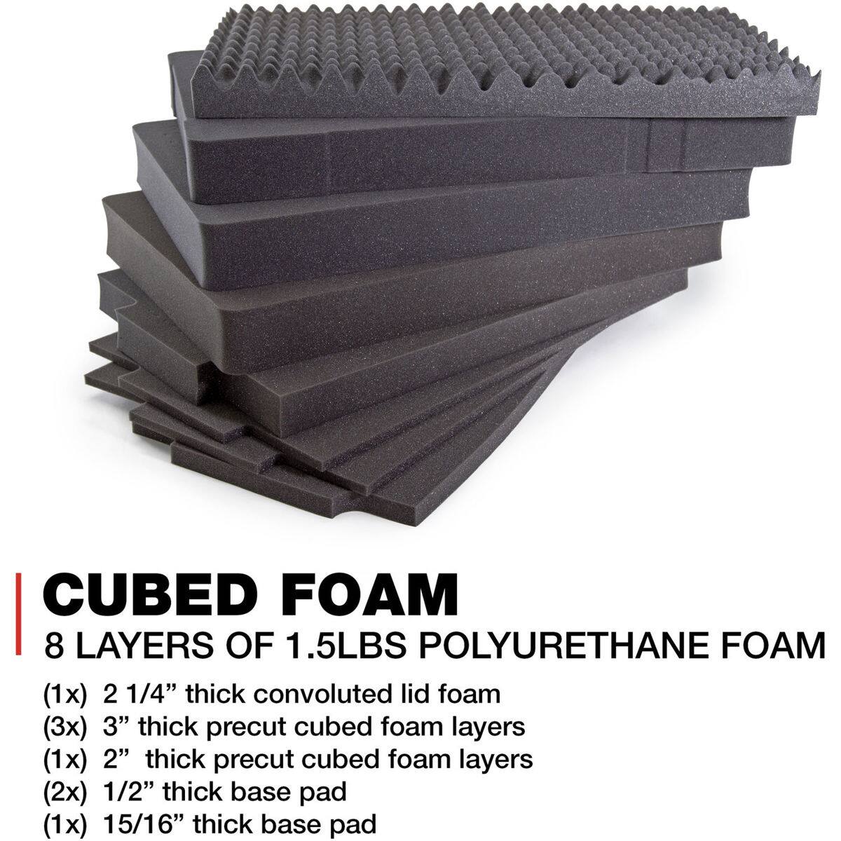 CUBED FOAM  
8 LAYERS OF 1.5LBS POLYURETHANE FOAM

(1x) 2 1/4" thick convoluted lid foam  
(3x) 3" thick precut cubed foam layers  
(1x) 2" thick precut cubed foam layers  
(2x) 1/2" thick base pad  
(1x) 15/16" thick base pad