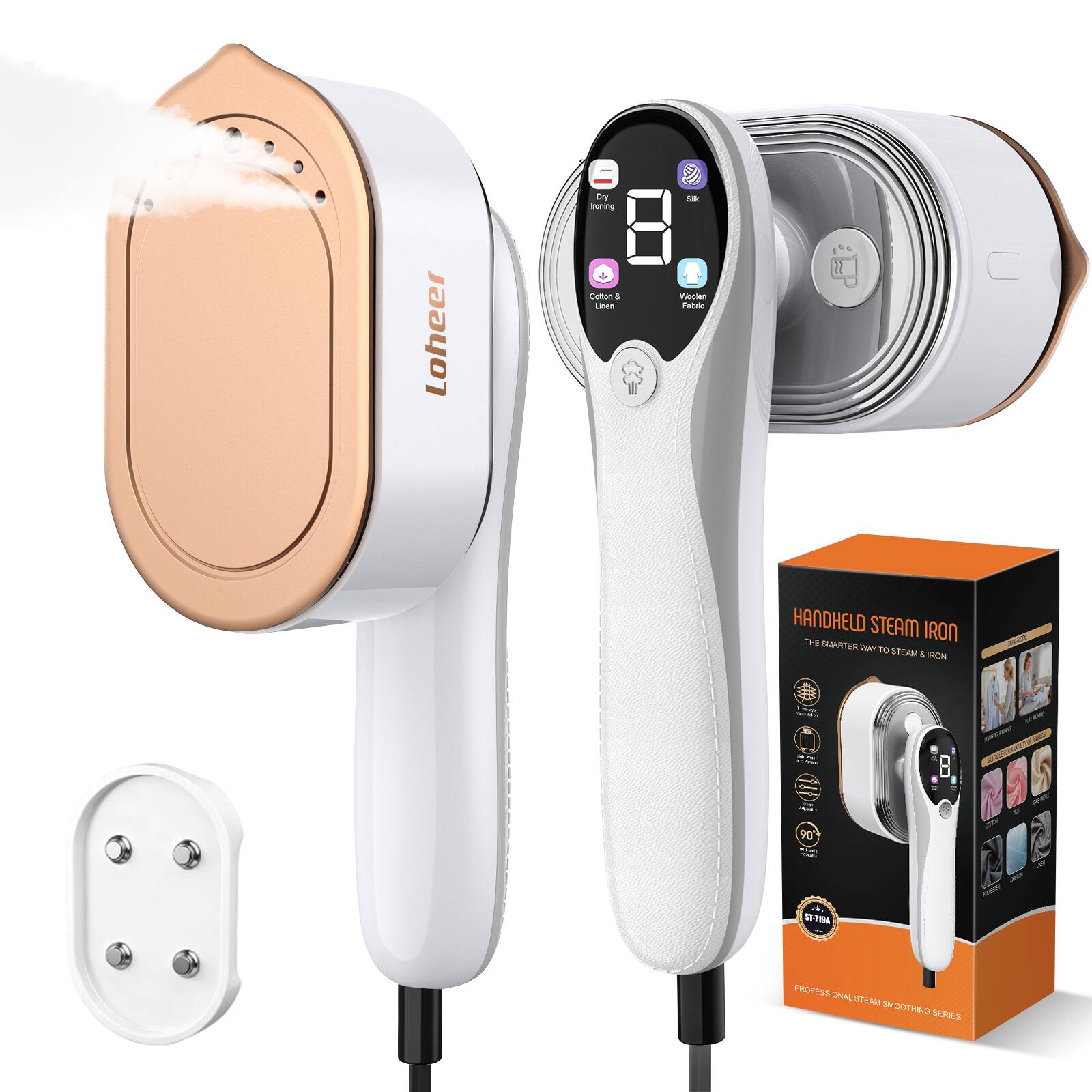 Loheer - 1200W Handheld Garment Steamer with 10s Fast Heat & LCD Display, 4 Steam Levels, 90° Swivel Handle, Travel Steam Iron - White