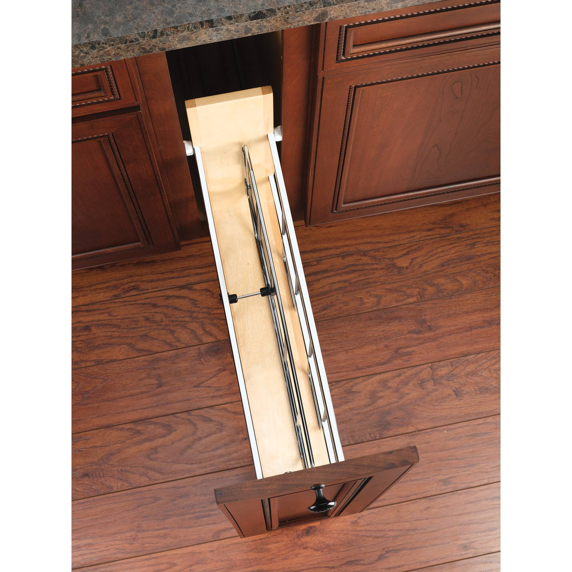 Back. Rev-A-Shelf - 5 Inch Pull Out Tray Divider Kitchen Cabinet Organizer - Brown.